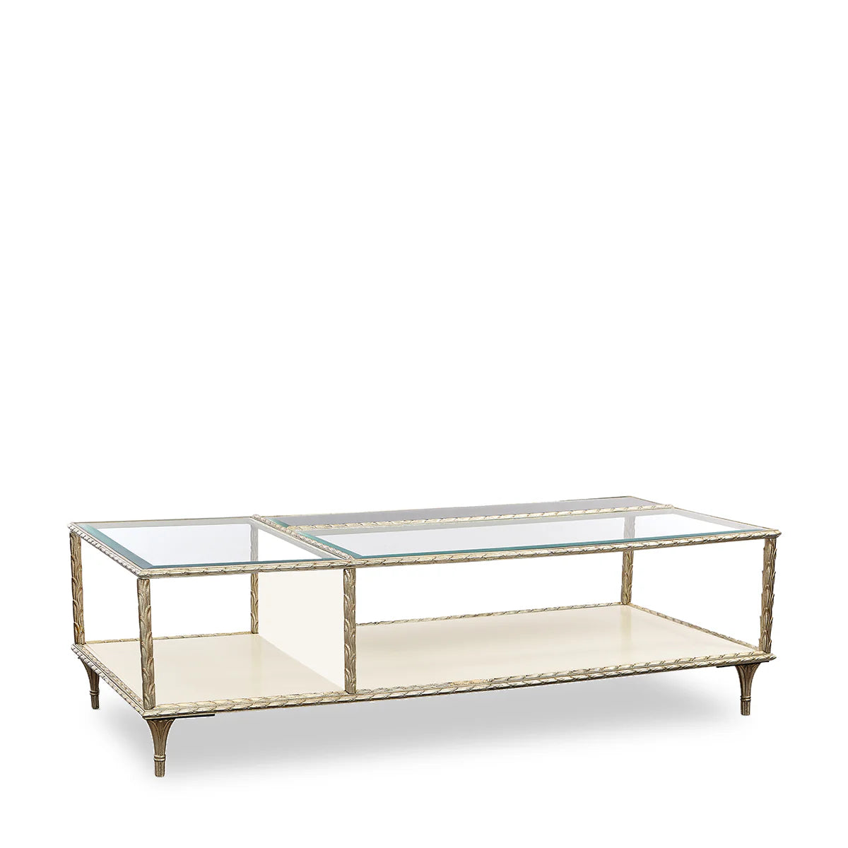 Elegant Gold Frame Glass, Living Room Center Table with Shelf Storage, Rectangular Coffee Table
