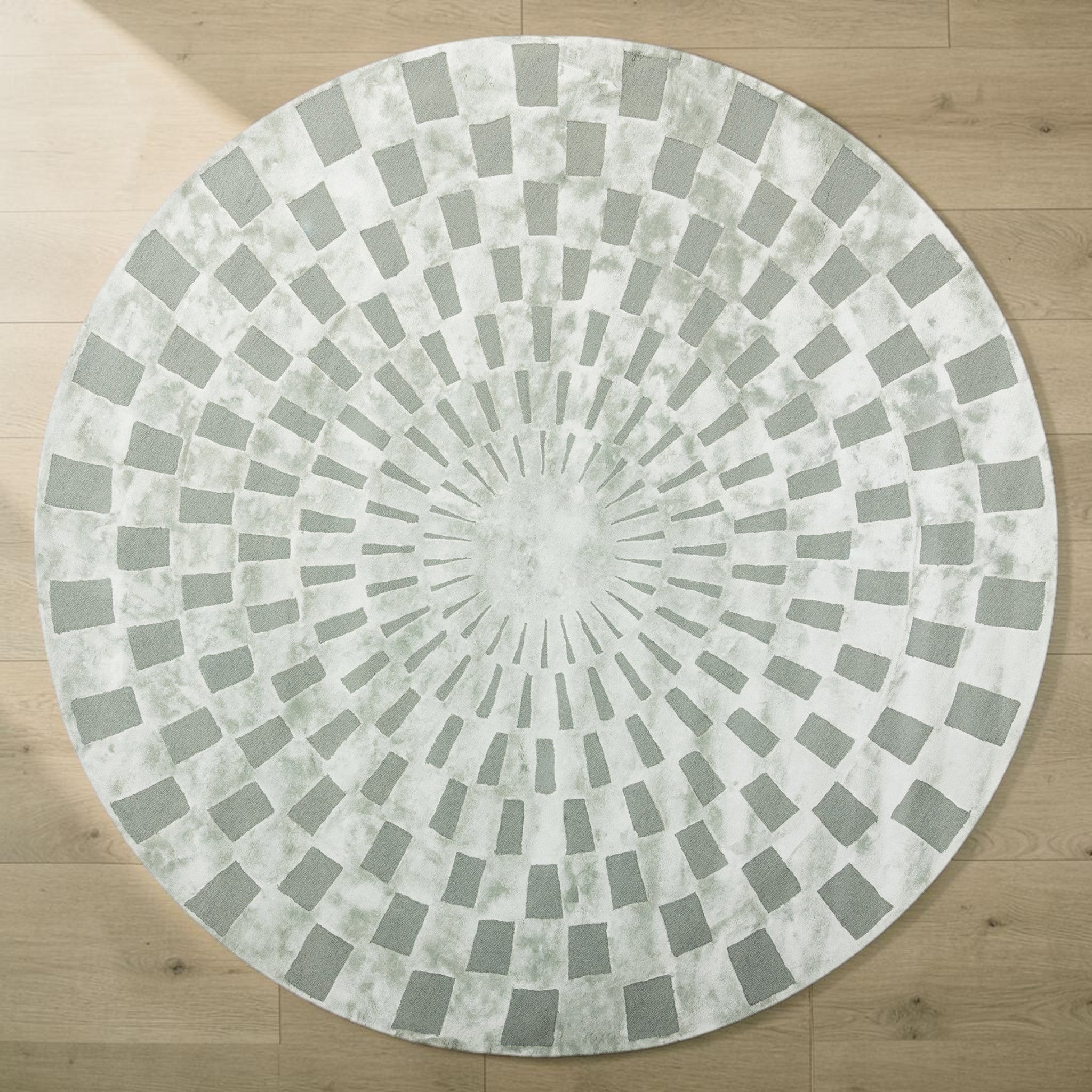 Modern Gray Radial Pattern, Round Living Room Carpet, Hand-Tufted Wool Blend 11.5 ft Rug