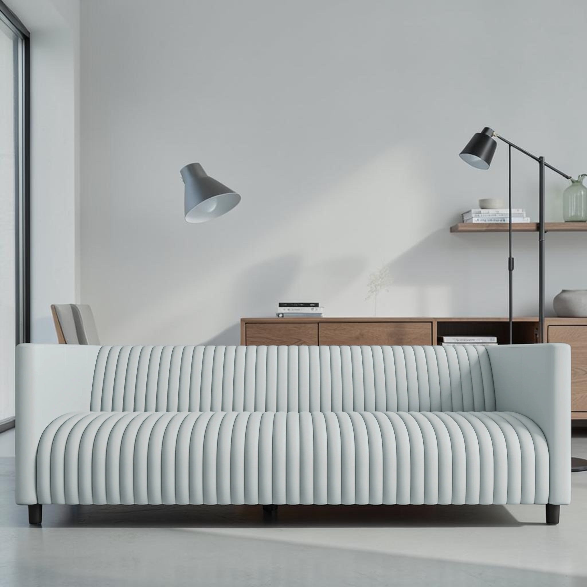 Modern Gray Leather, 3-Seater Sofa with Channel Tufting & Black Wood Legs, Living Room Sofa