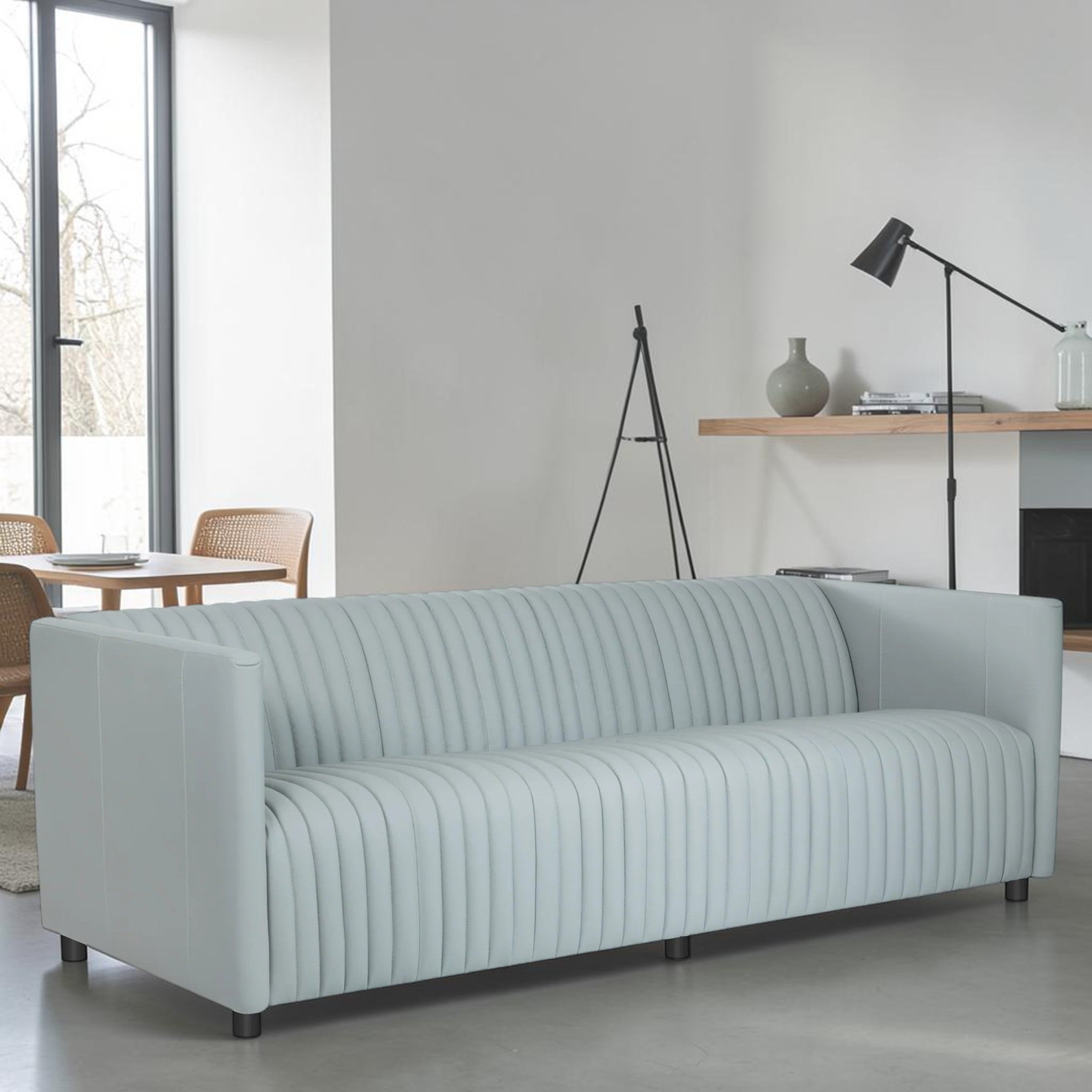 Modern Gray Leather, 3-Seater Sofa with Channel Tufting & Black Wood Legs, Living Room Sofa