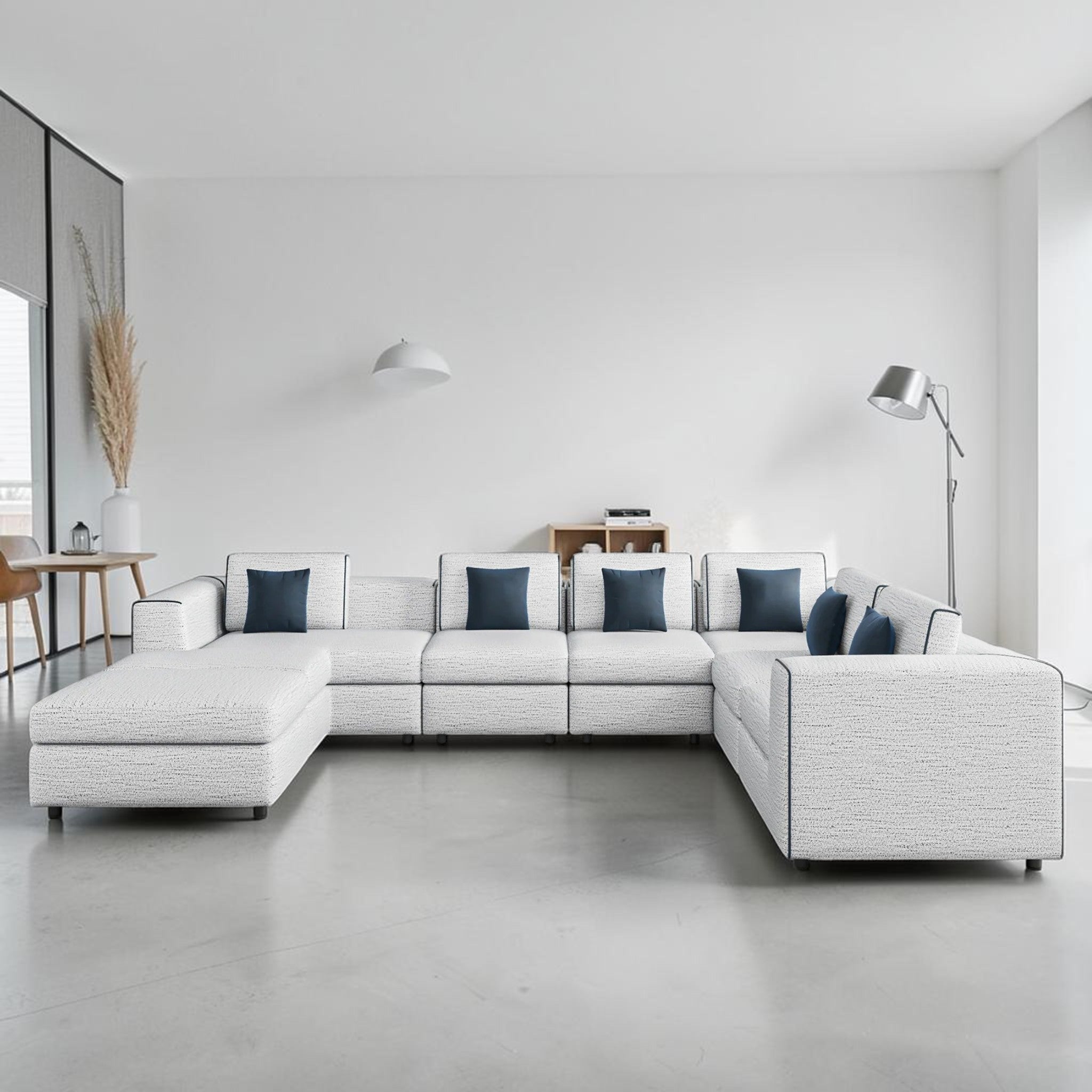 Modern Gray Chenille, 7-Piece Sectional Sofa with Ottoman & Navy Accent Pillows, Living Room Sofa