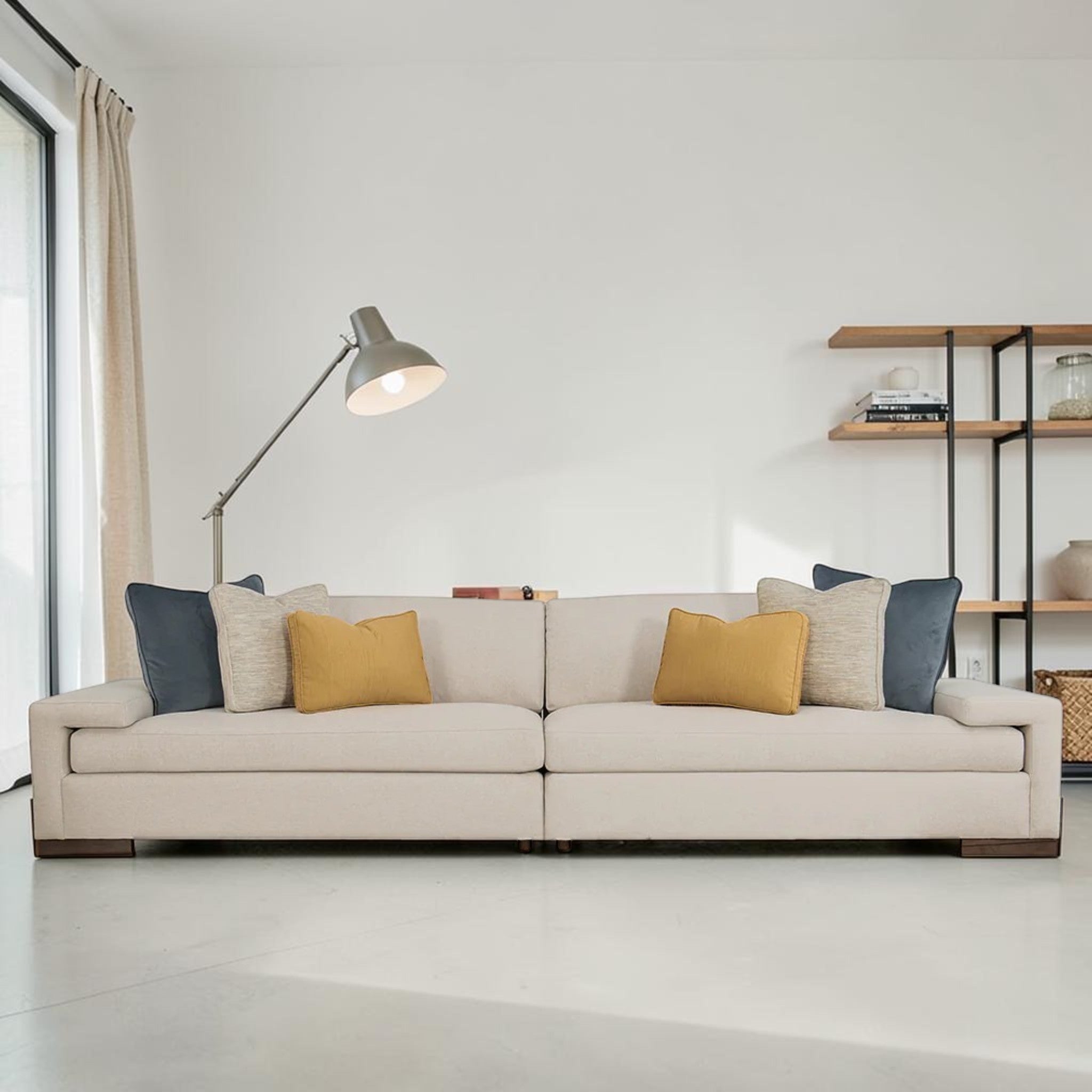 Modern Beige Fabric, 2-Piece Sectional Sofa with Shelf Arm & Accent Pillows, Living Room Sofa