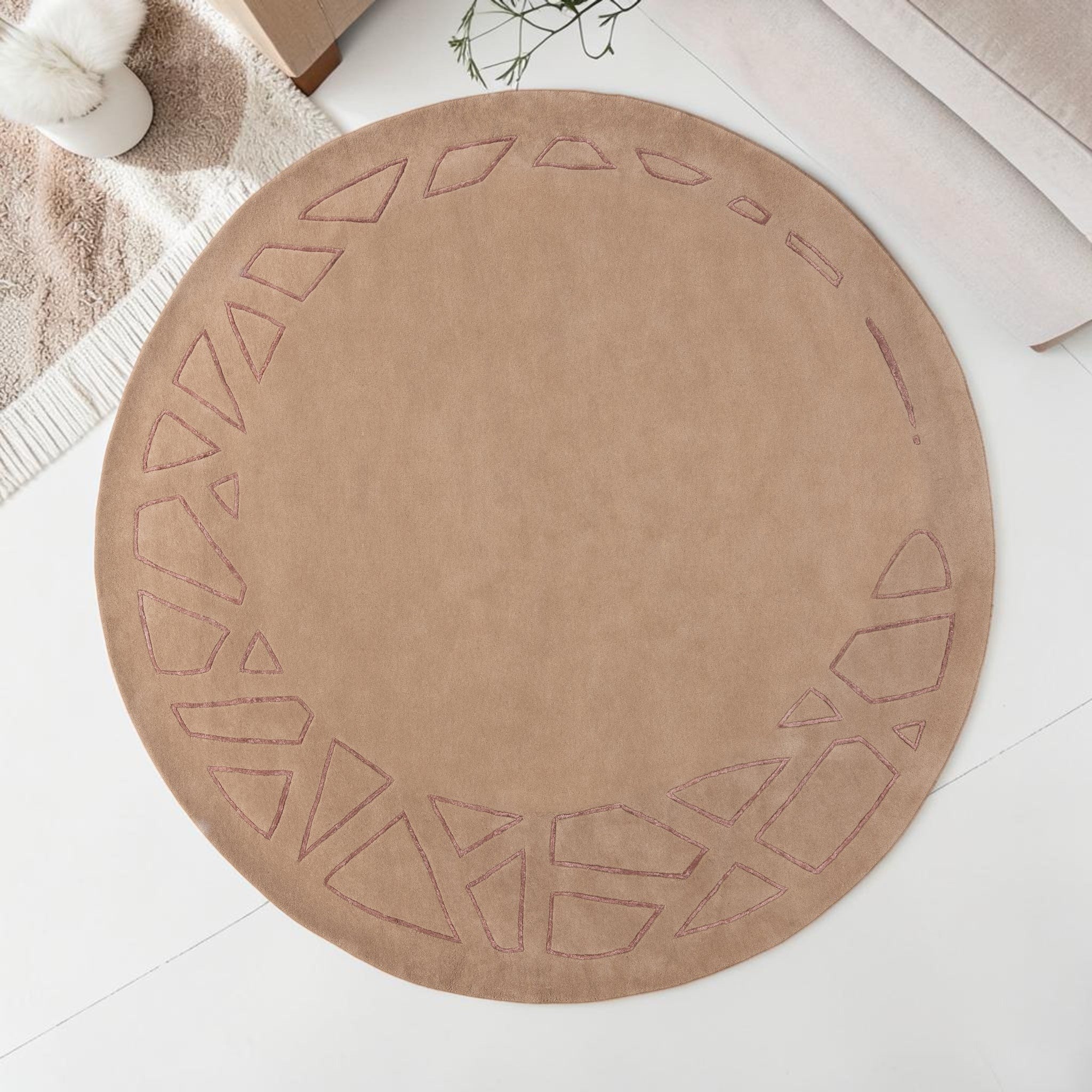 Modern Beige, Geometric Round Living Room Carpet, Hand-Tufted Wool Blend 9 ft Rug