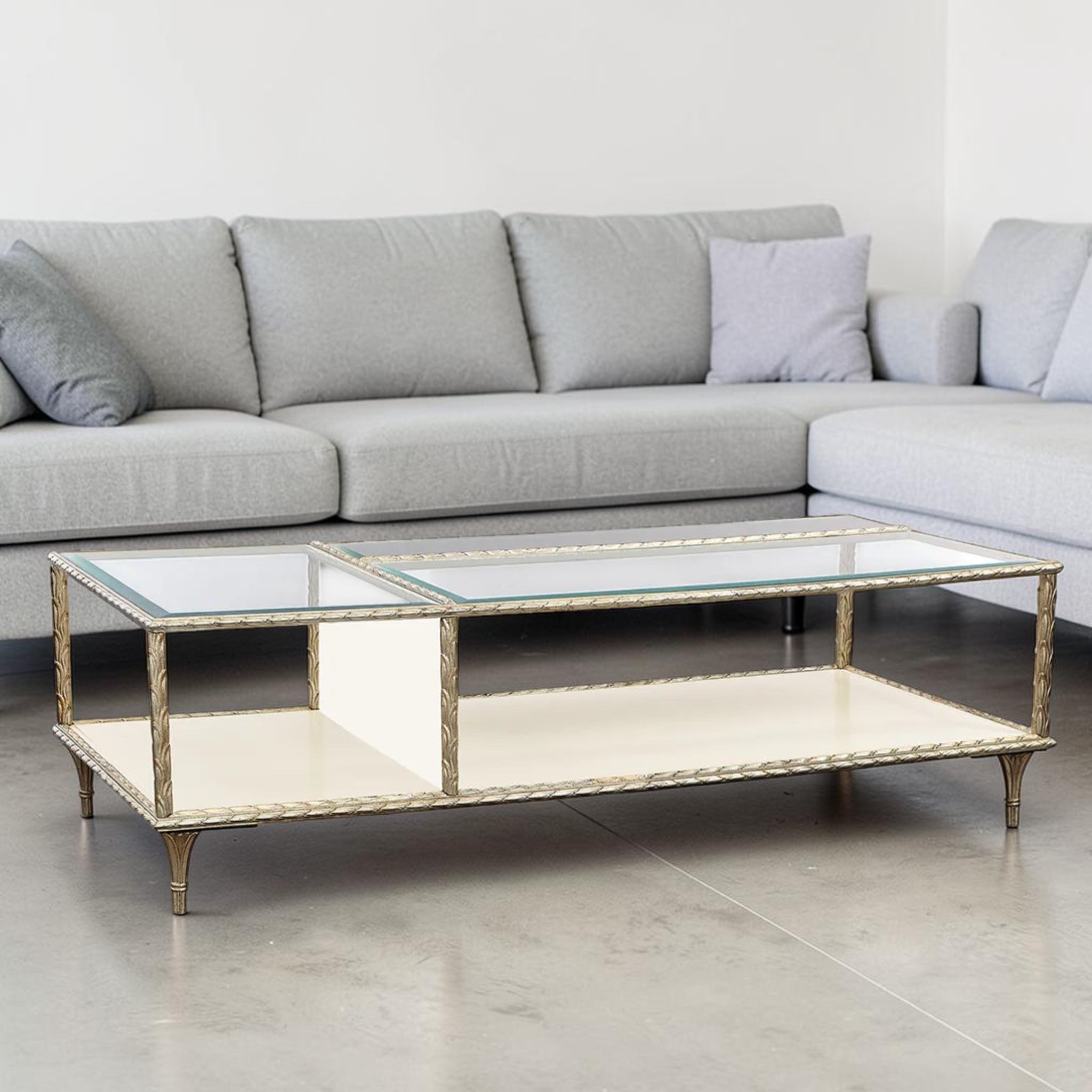 Elegant Gold Frame Glass, Living Room Center Table with Shelf Storage, Rectangular Coffee Table
