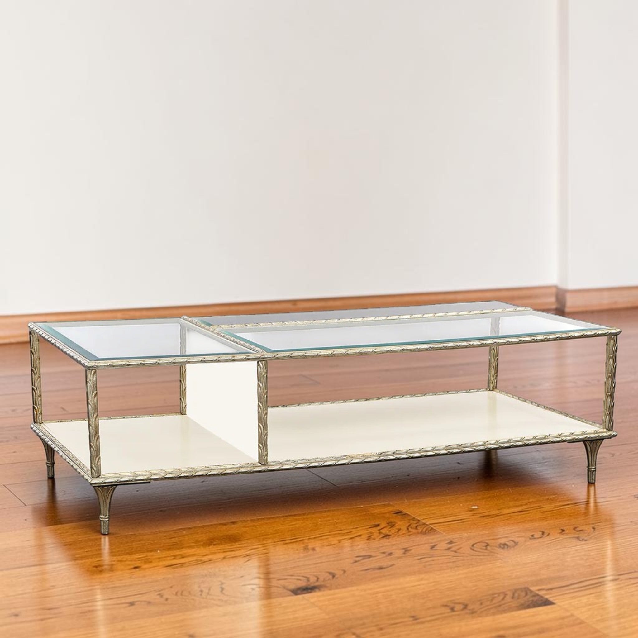 Elegant Gold Frame Glass, Living Room Center Table with Shelf Storage, Rectangular Coffee Table