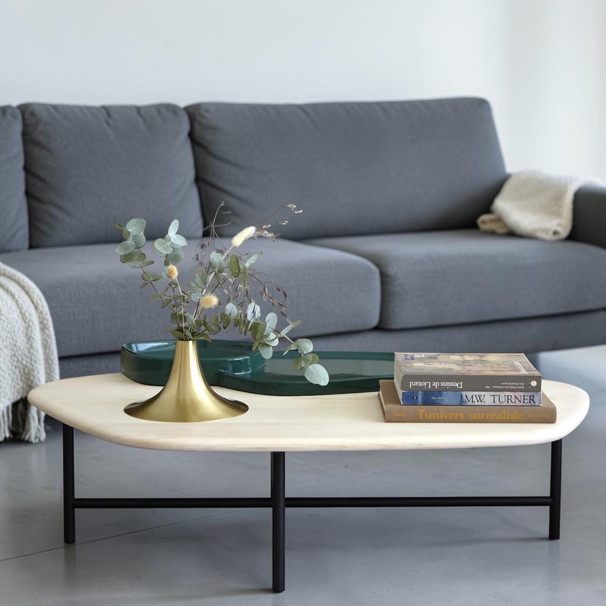Modern Natural Ash Wood, Living Room Center Table with Green Ceramic Tray & Black Steel Base