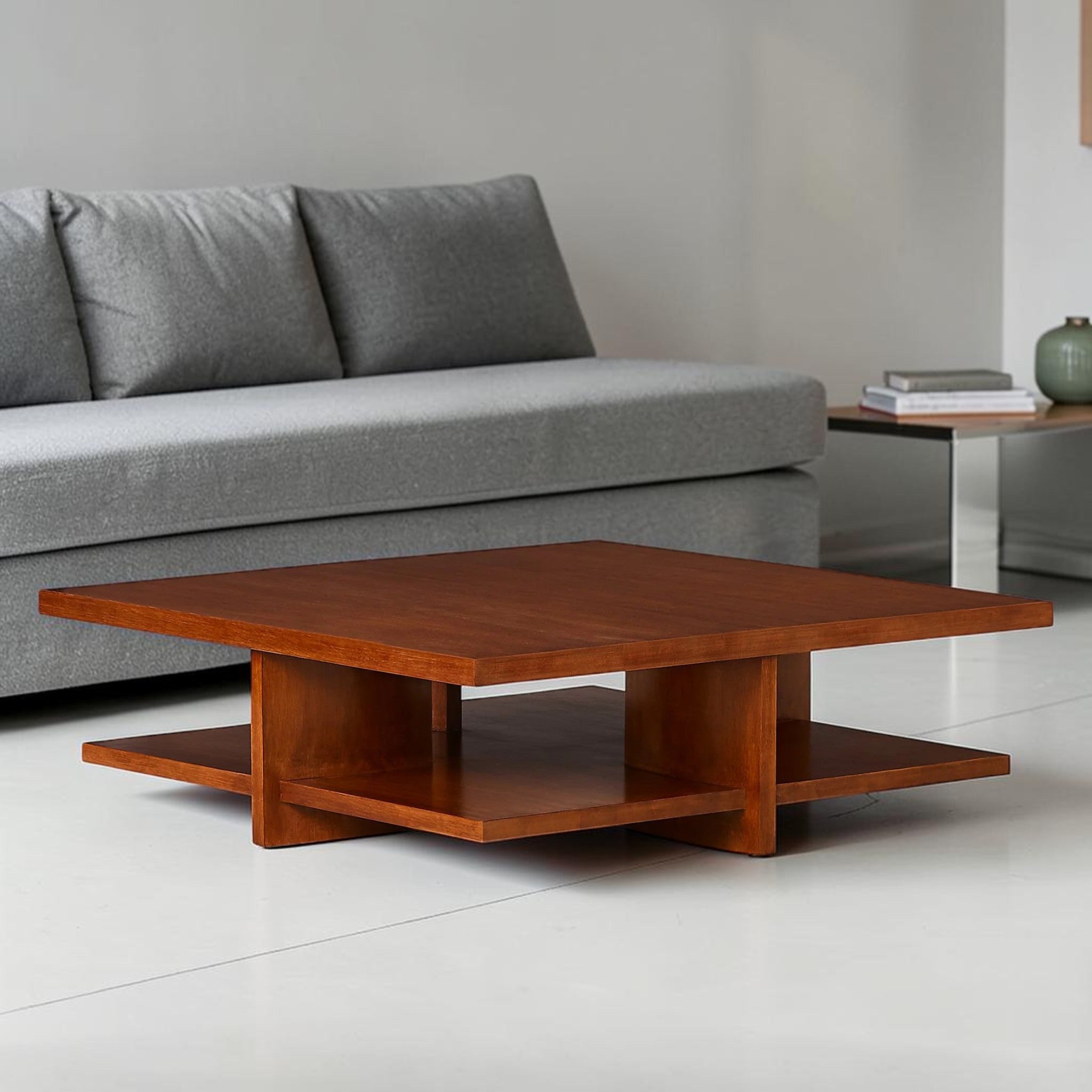 Modern Medium Oak, Living Room Center Table with Two-Tier Design & Curved Legs, Coffee Table