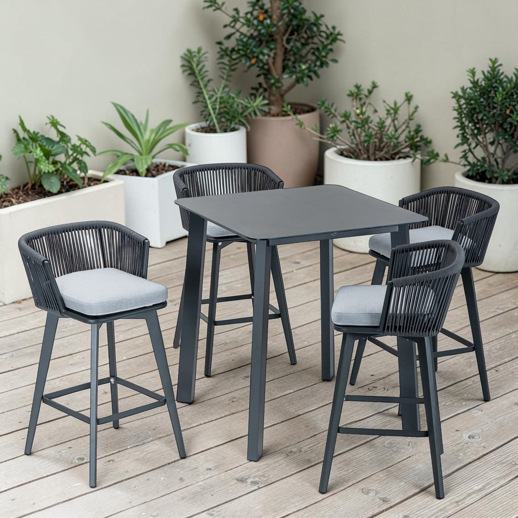 Modern Dark Gray Outdoor Dining Set with Bar Table & 4 Woven Chairs, Patio Furniture Set