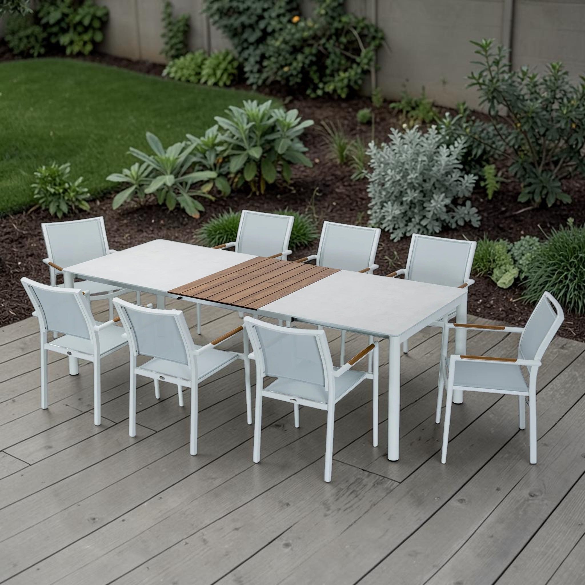 Modern White & Gray Outdoor Dining Set with Rectangular Table & 6 Chairs, Patio Furniture Set
