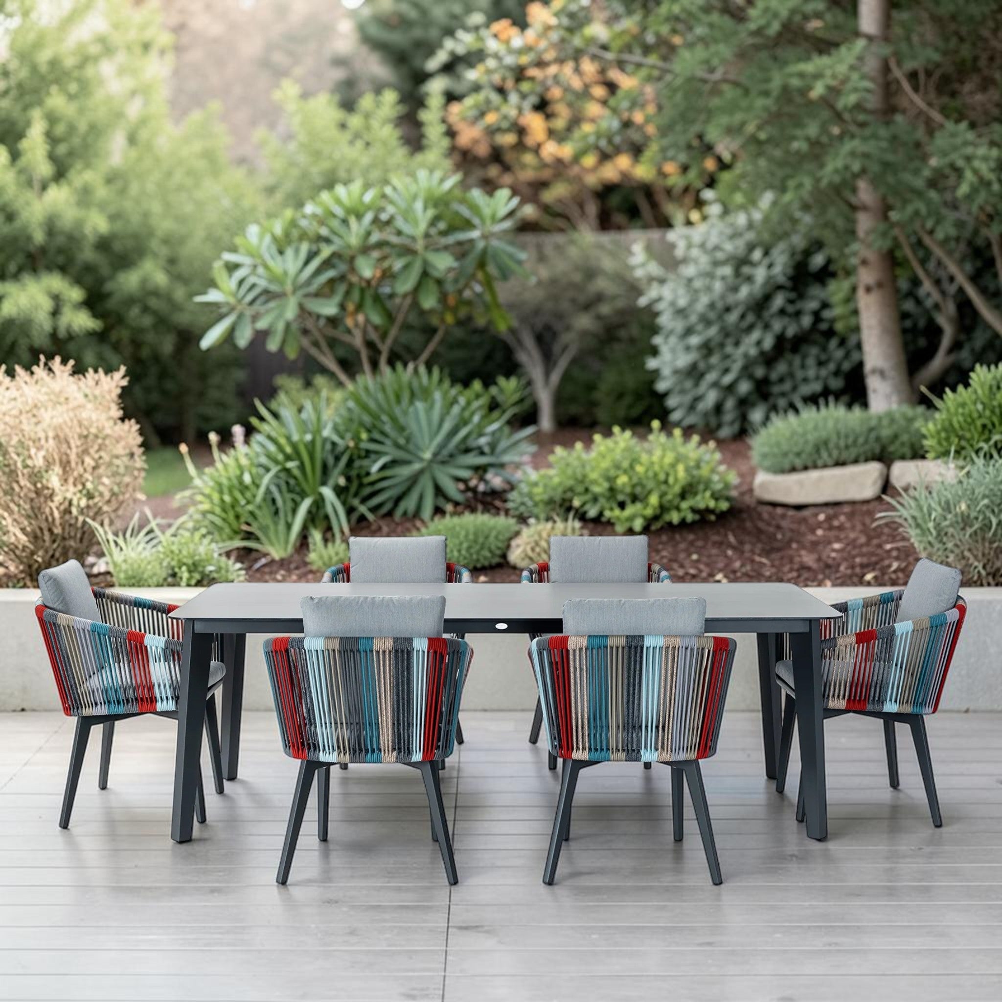Modern Outdoor Dining Set with Marble Top Table & 6 Woven Rope Chairs, Multicolor Patio Furniture Set