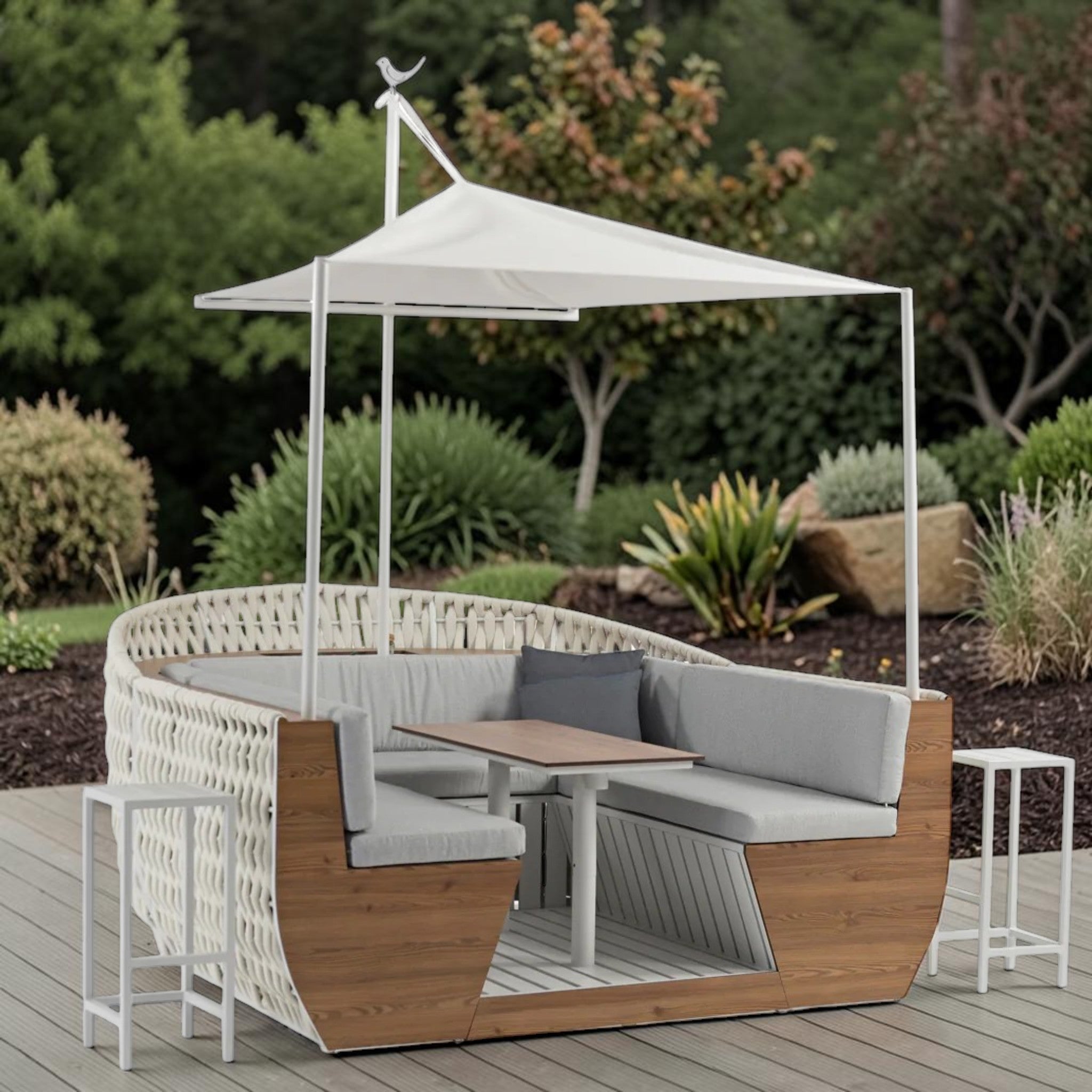 Modern Outdoor Lounge Dining Set with Canopy, Woven Rope & Wood Finish, 5-Piece Patio Set