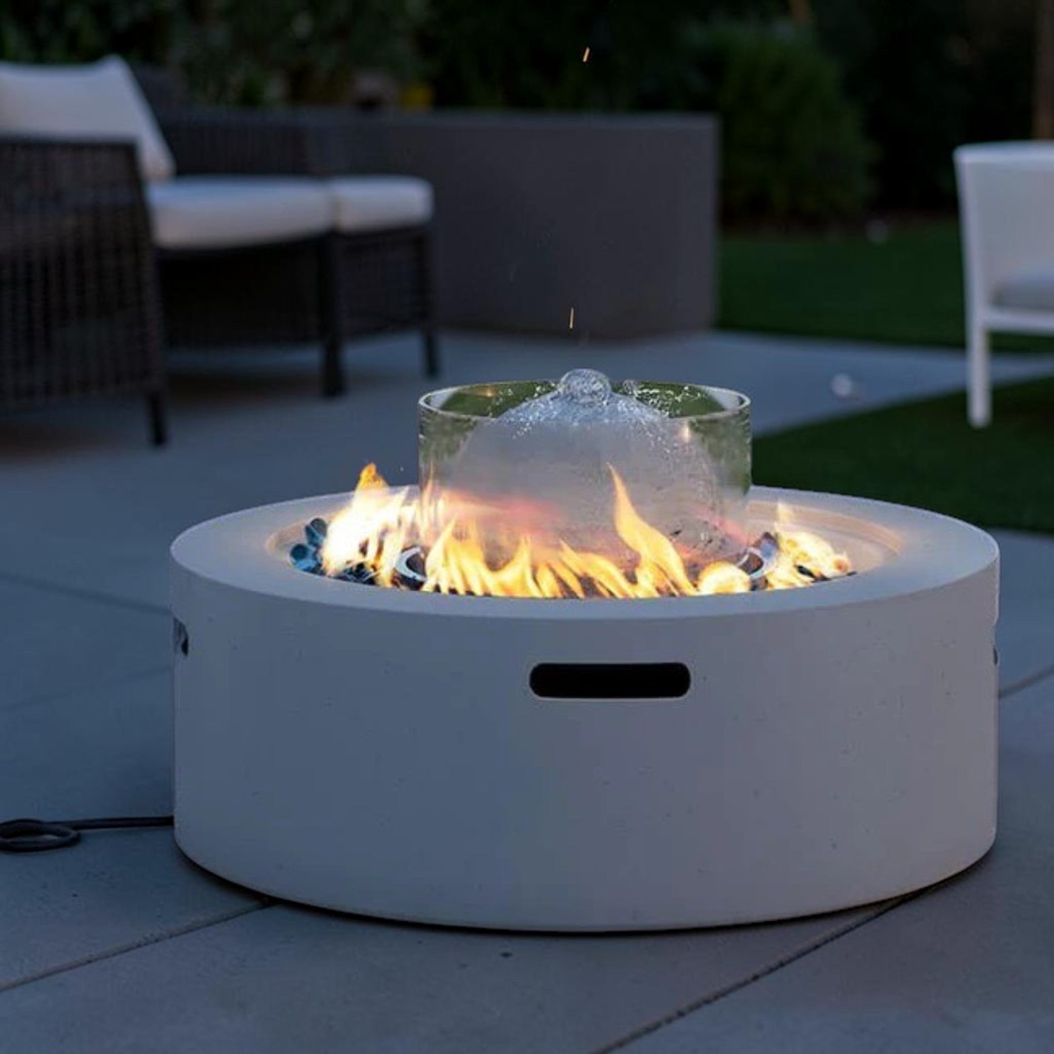 Modern Round Propane Fire Pit Table Concrete Finish Glass Wind Guard, Outdoor Fire Pit