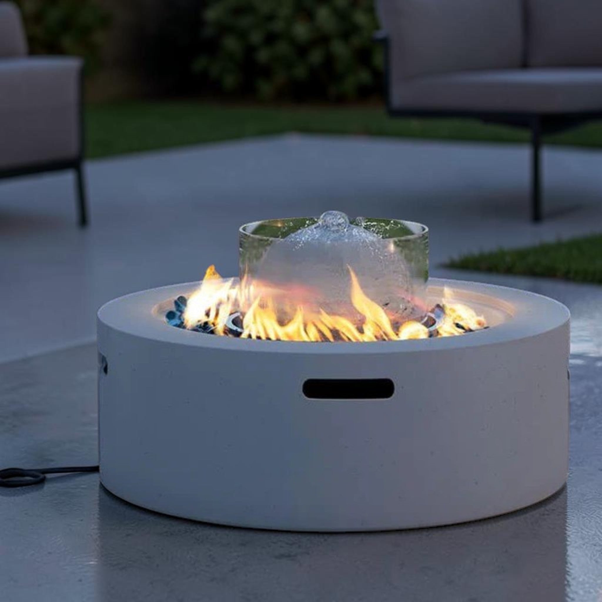 Modern Round Propane Fire Pit Table Concrete Finish Glass Wind Guard, Outdoor Fire Pit