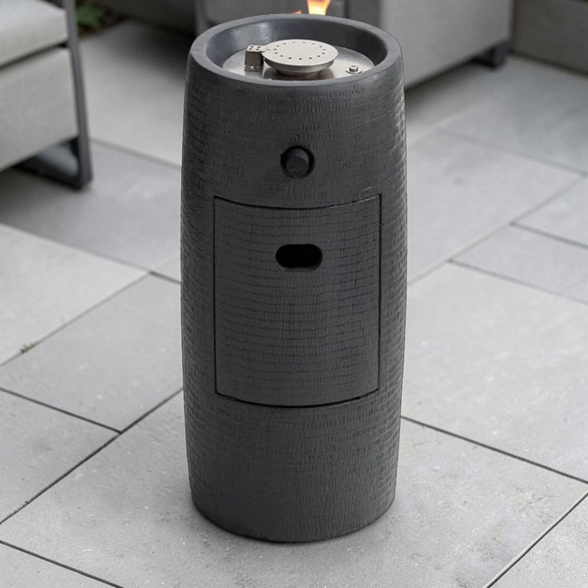 Modern Column Propane Fire Pit Table Dark Stone Finish with Hidden Tank Storage, Outdoor Fire Pit