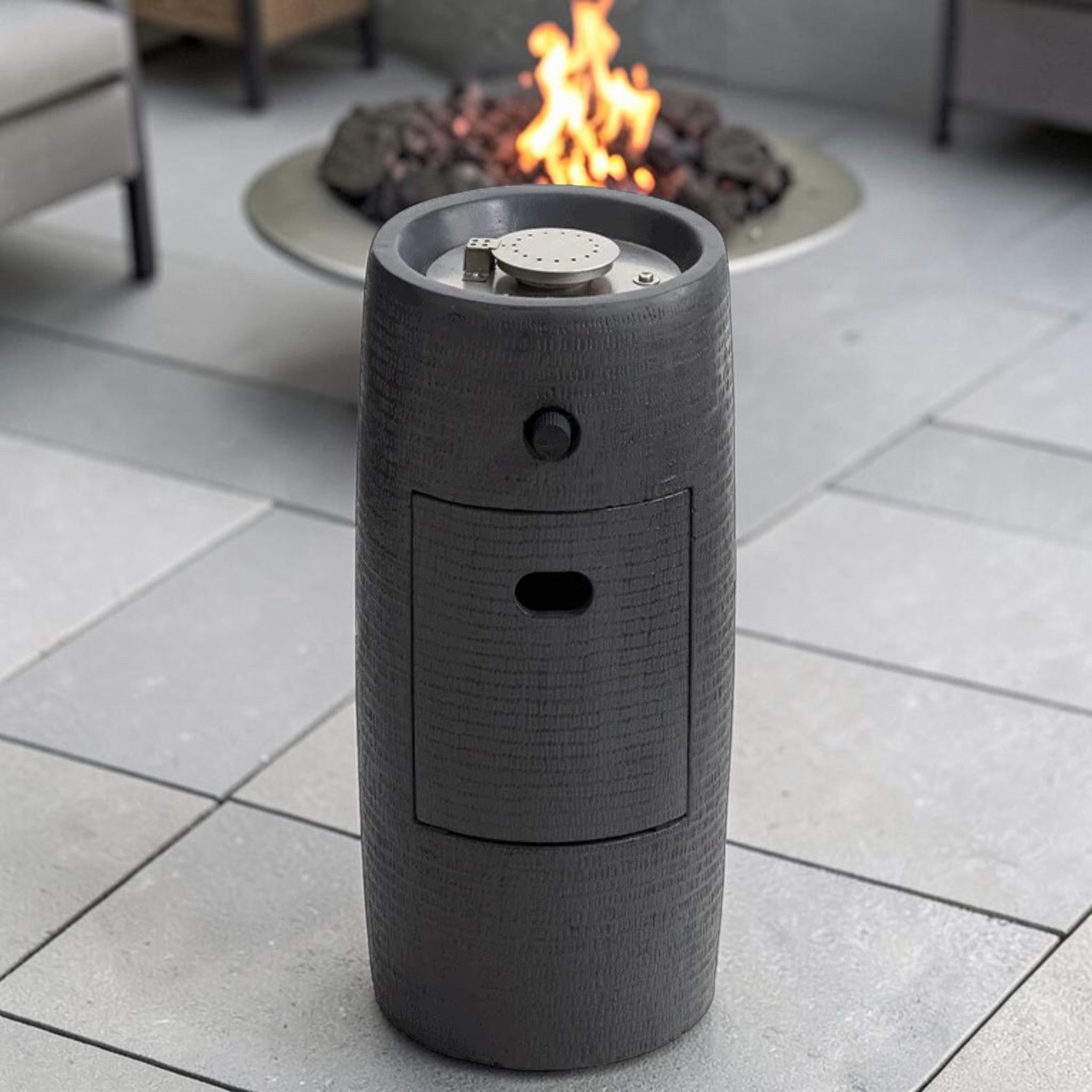 Modern Column Propane Fire Pit Table Dark Stone Finish with Hidden Tank Storage, Outdoor Fire Pit