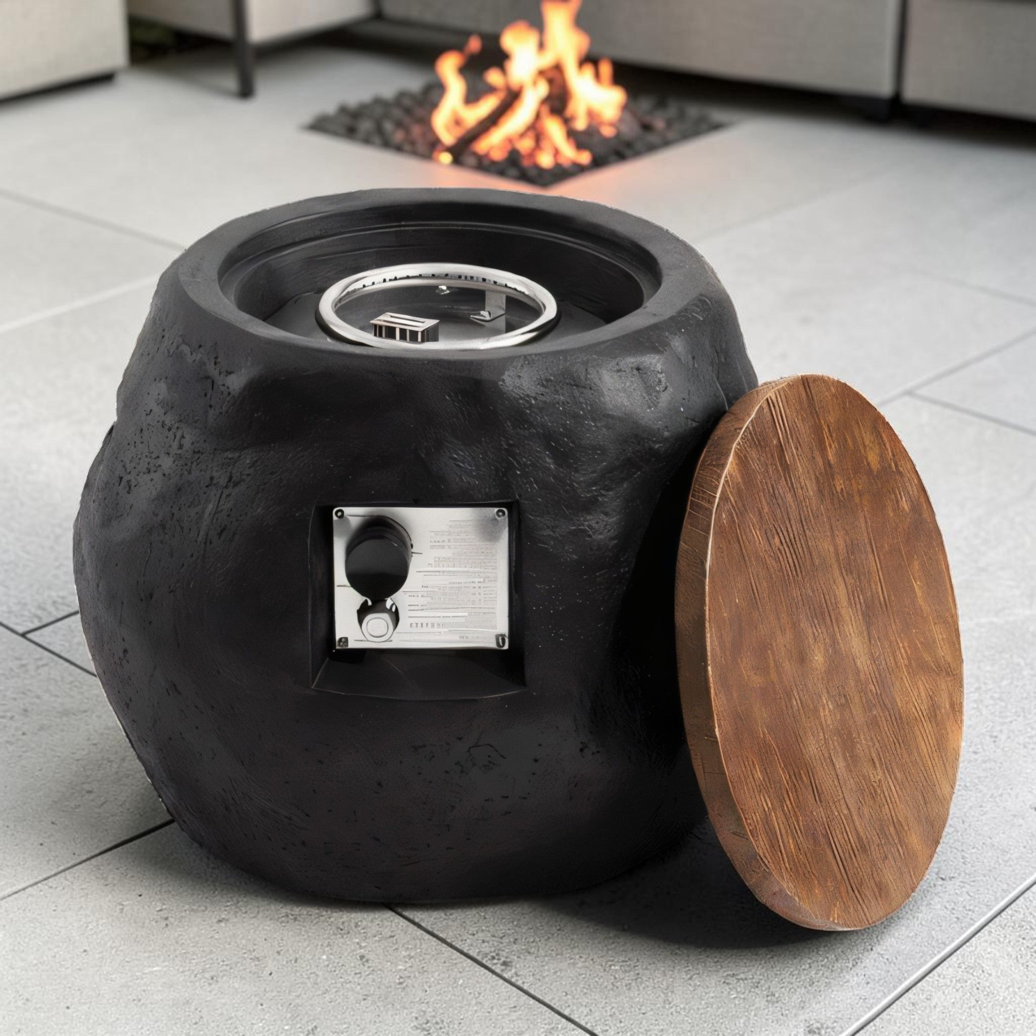 Rustic Round Propane Fire Pit Table Faux Stone Finish with Removable Lid, Outdoor Fire Pit