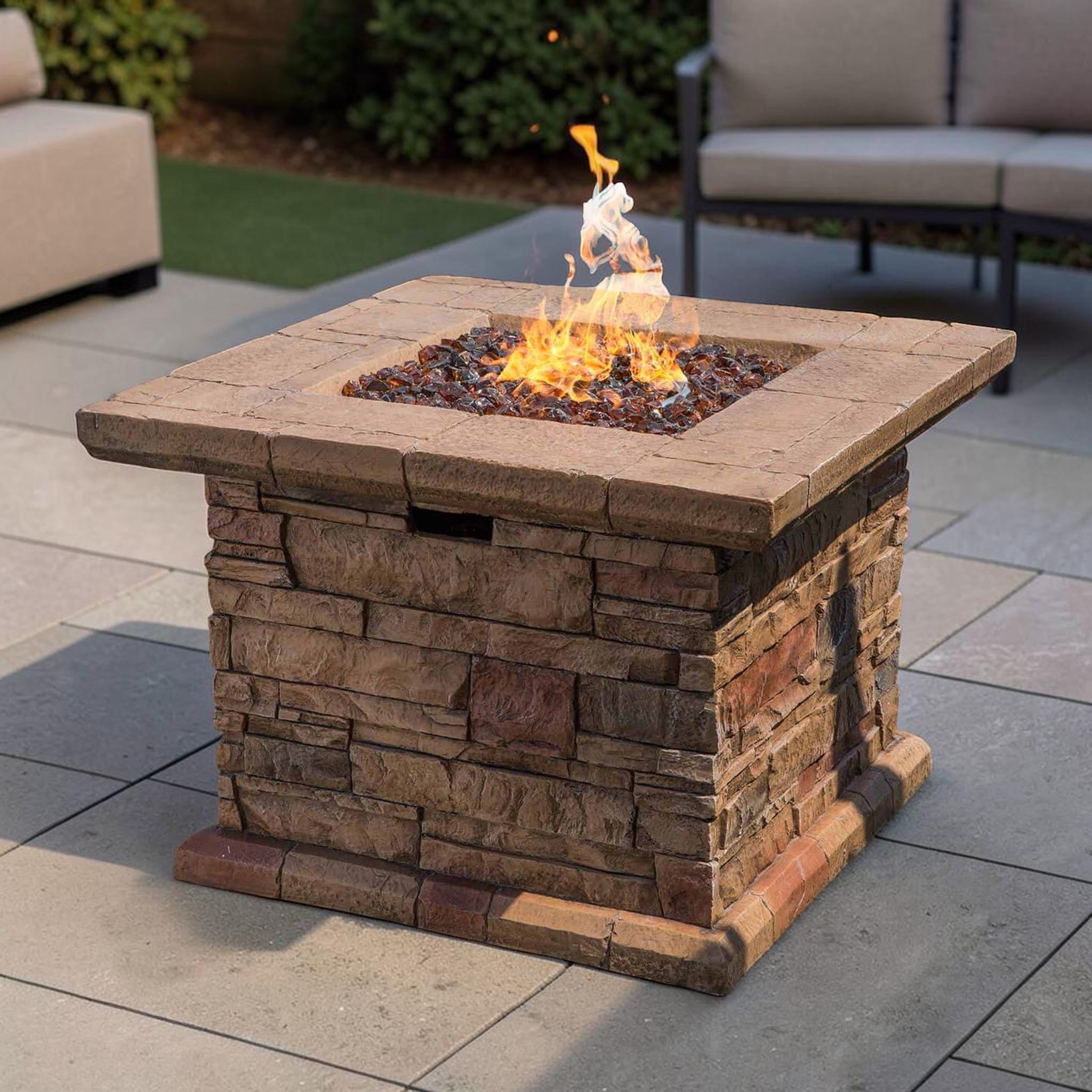 Rustic Square Propane Fire Pit Table, Faux Stone Brown Finish with Hidden Tank Storage, Outdoor Fire Pit