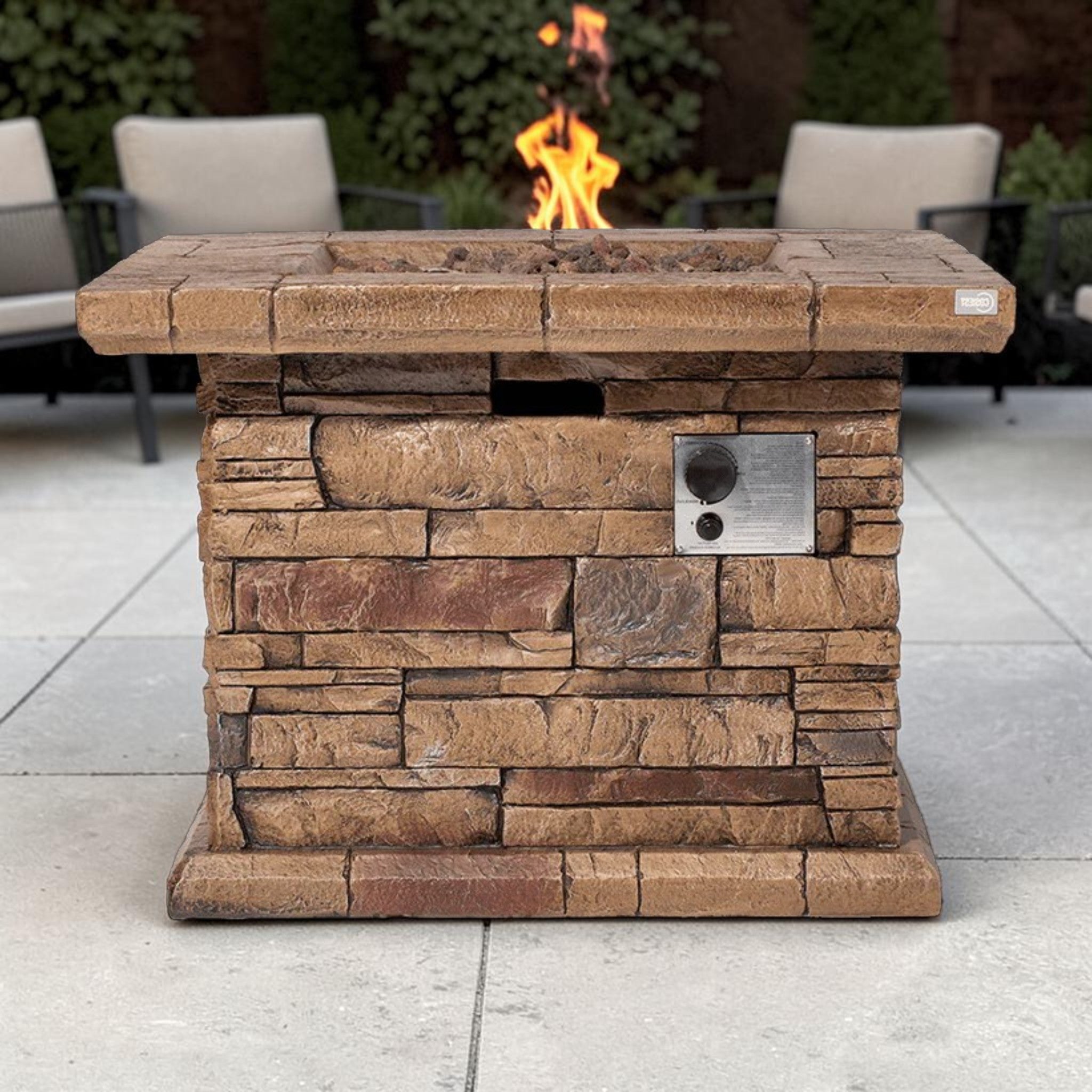 Rustic Square Propane Fire Pit Table, Faux Stone Brown Finish with Hidden Tank Storage, Outdoor Fire Pit