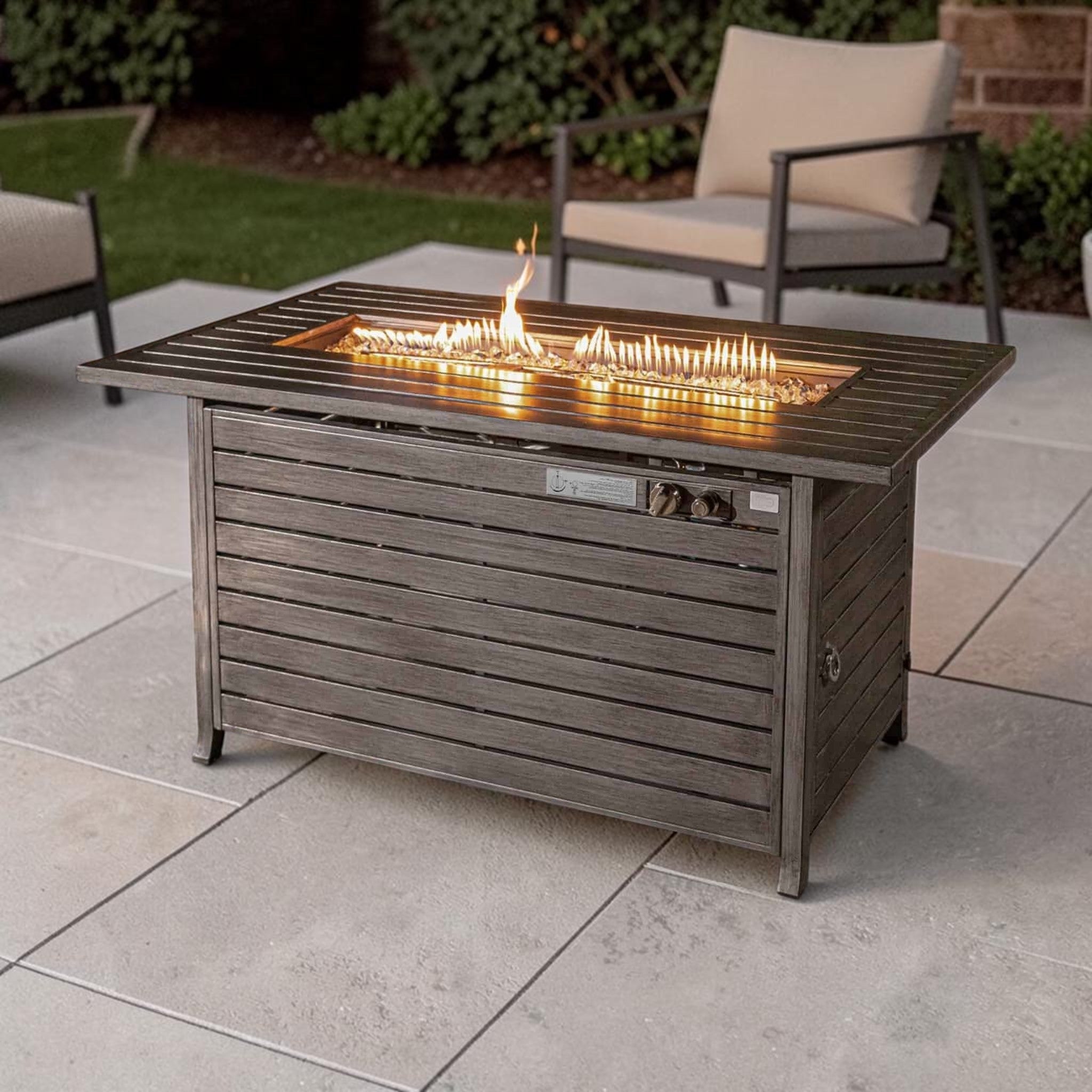 Modern Rectangular Iron Fire Pit Table, Gray Finish with Hidden Propane Storage, Outdoor Fire Pit