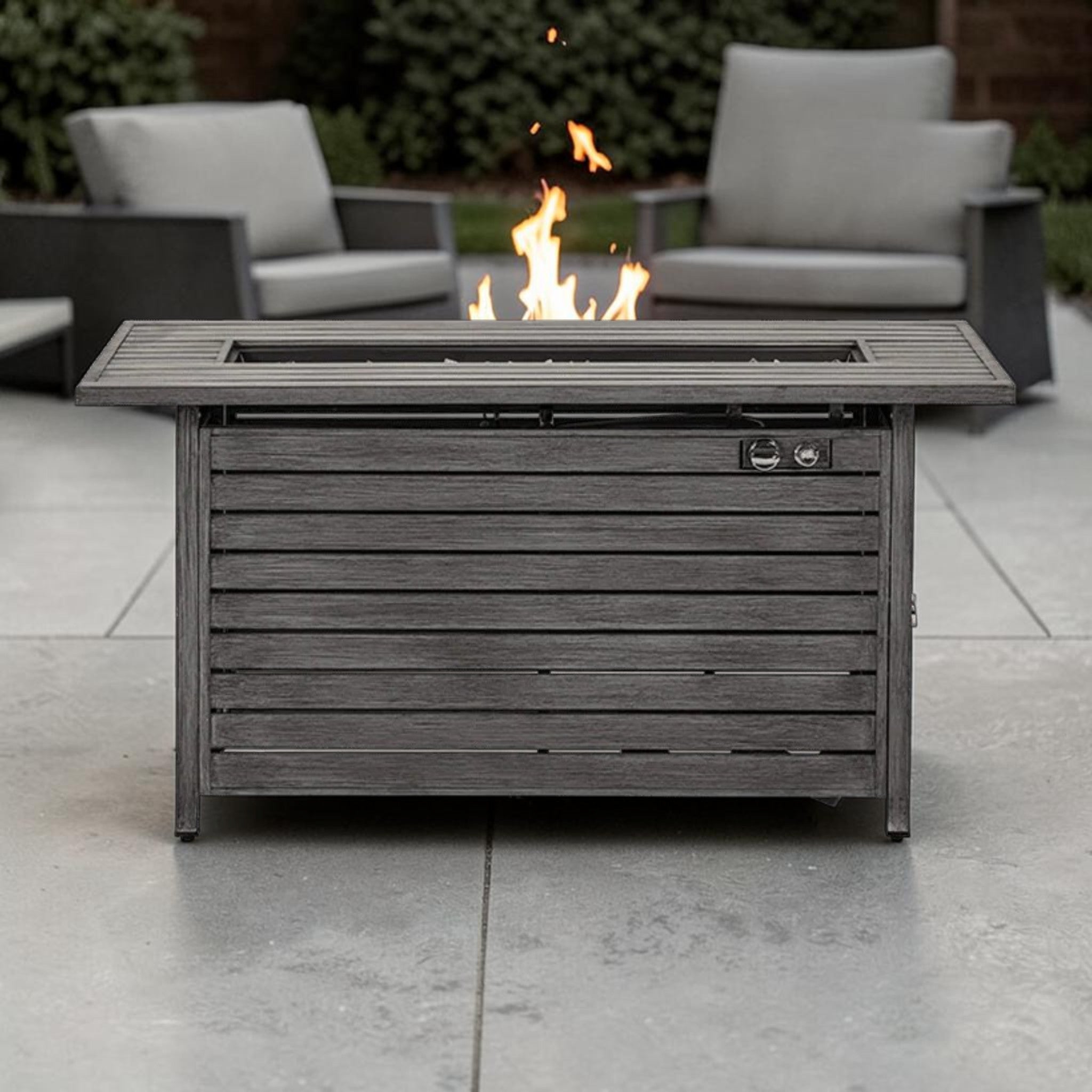 Modern Rectangular Iron Fire Pit Table, Gray Finish with Hidden Propane Storage, Outdoor Fire Pit