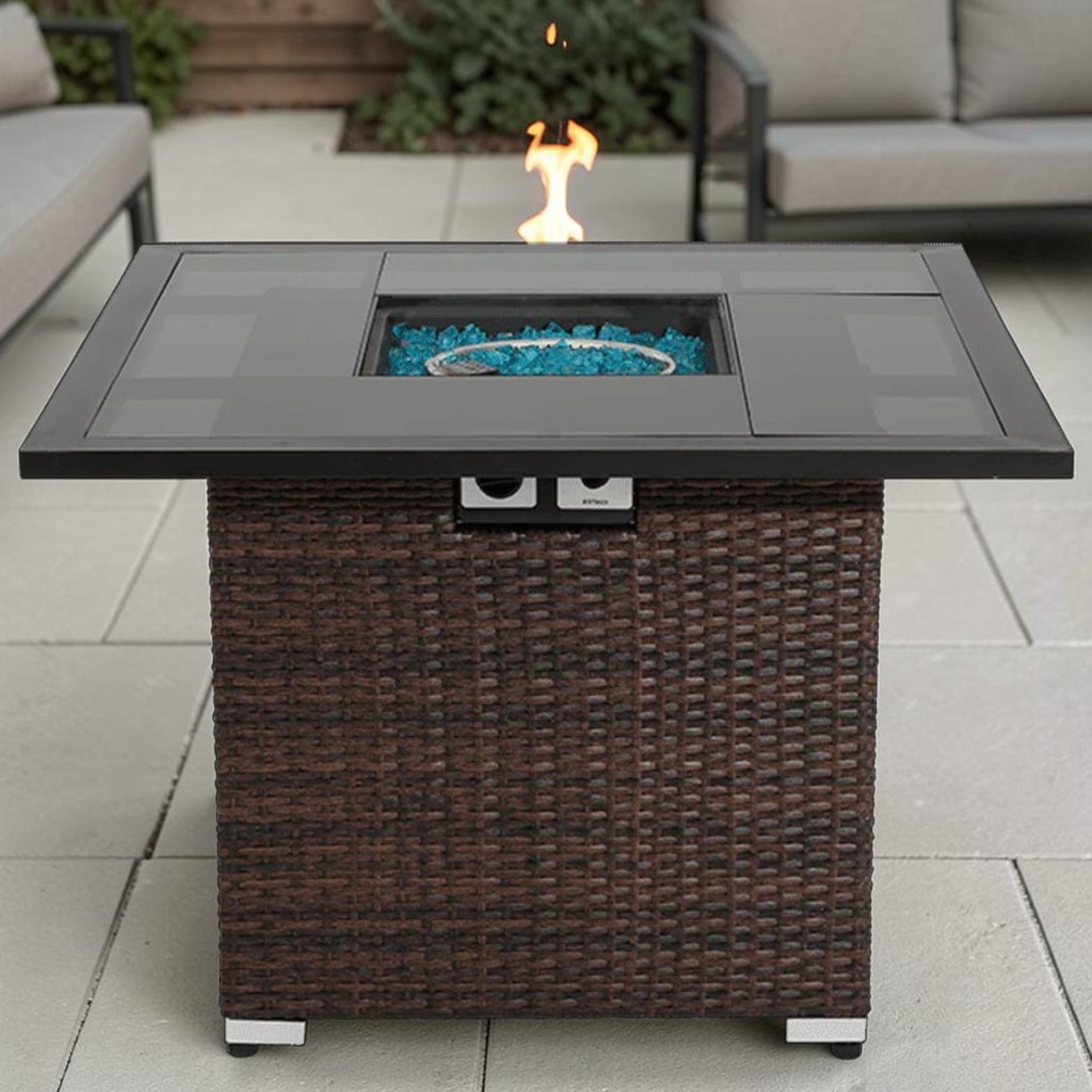Modern Wicker Square Fire Pit Table, Mixed Brown PE Rattan with Glass Top & Hidden Tank Storage, Outdoor Fire Pit