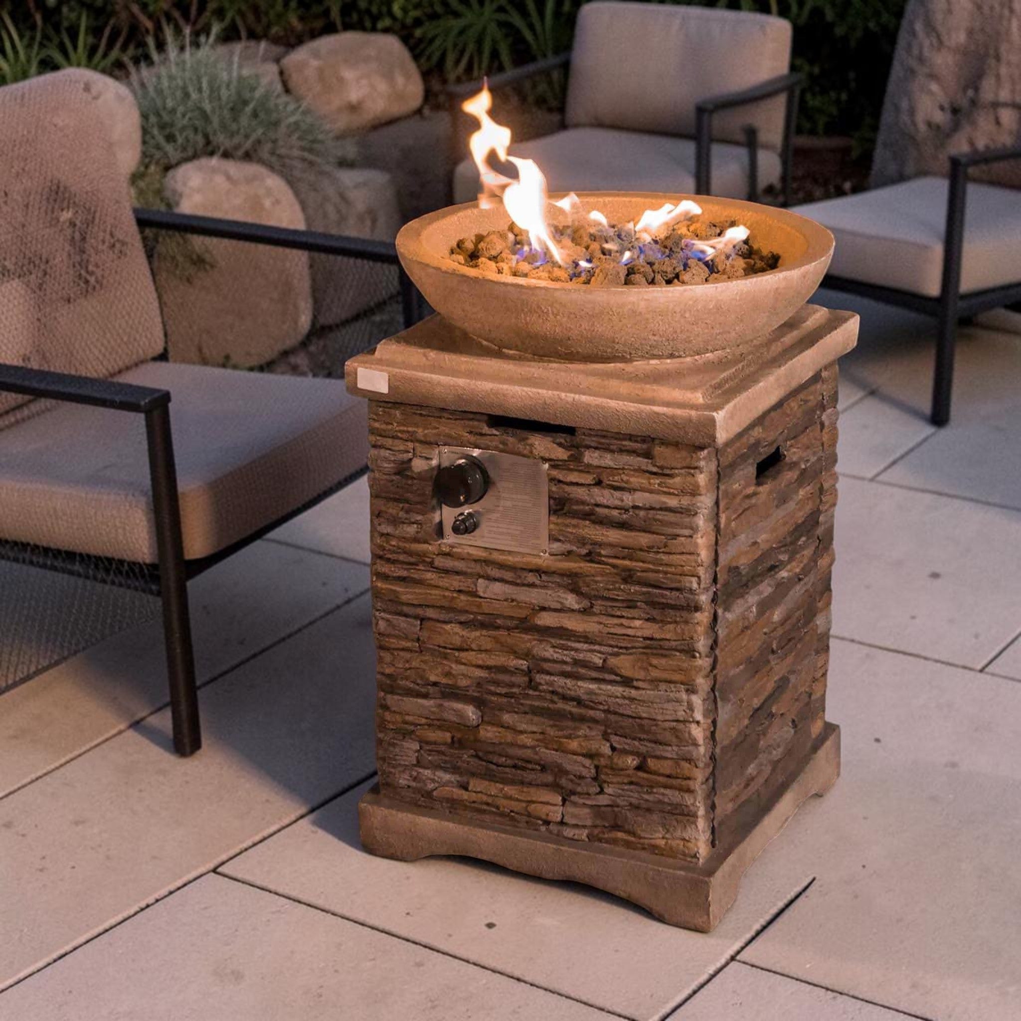 Rustic Tall Column Propane Fire Pit, Brown Stone Finish with Hidden Tank Storage & Lava Rocks, Outdoor Fire Pit