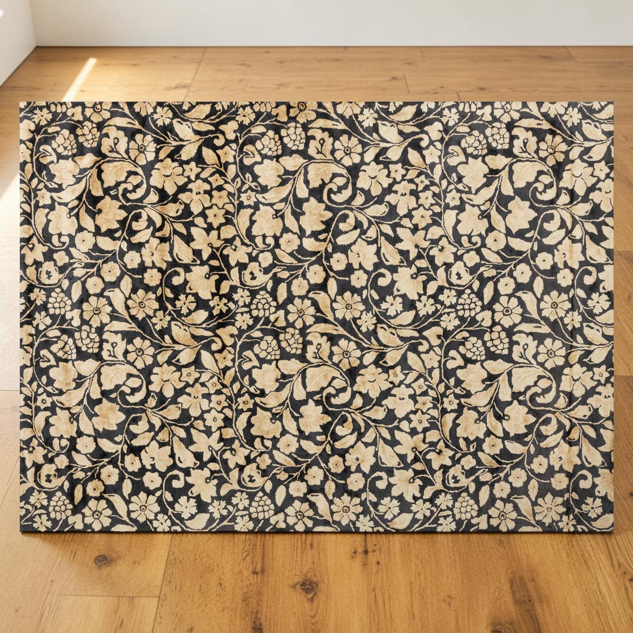 Vintage Black & Gold, Floral Living Room Carpet, Hand-Tufted Viscose 8x11 Area Rug