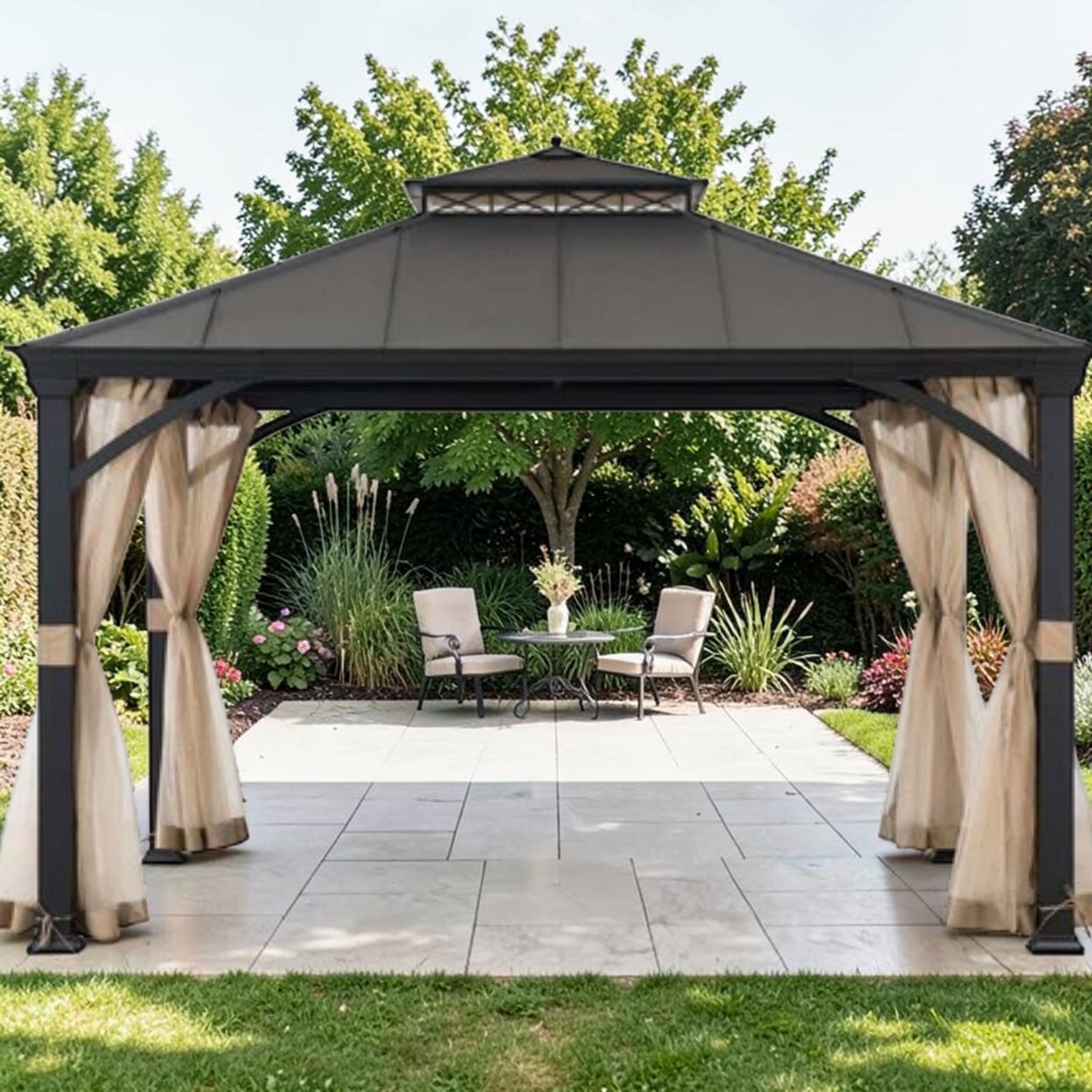 Outdoor Metal Gazebo with Hardtop Roof & Privacy Curtains 11x13 ft, Patio Shelter