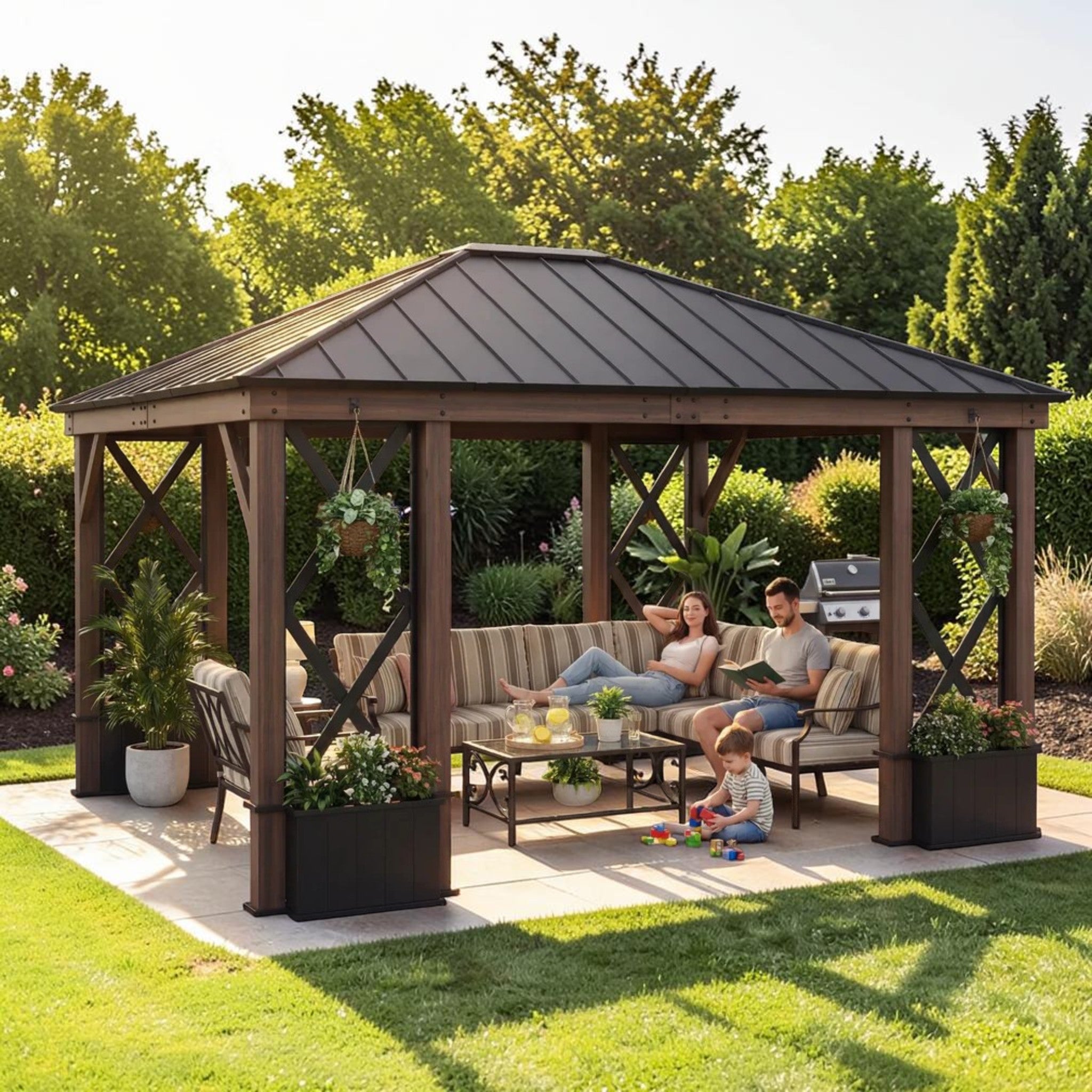 Outdoor Hardtop Gazebo with Wood Look Aluminum Frame & Built In Planters, 13x15 ft Patio Pavilion