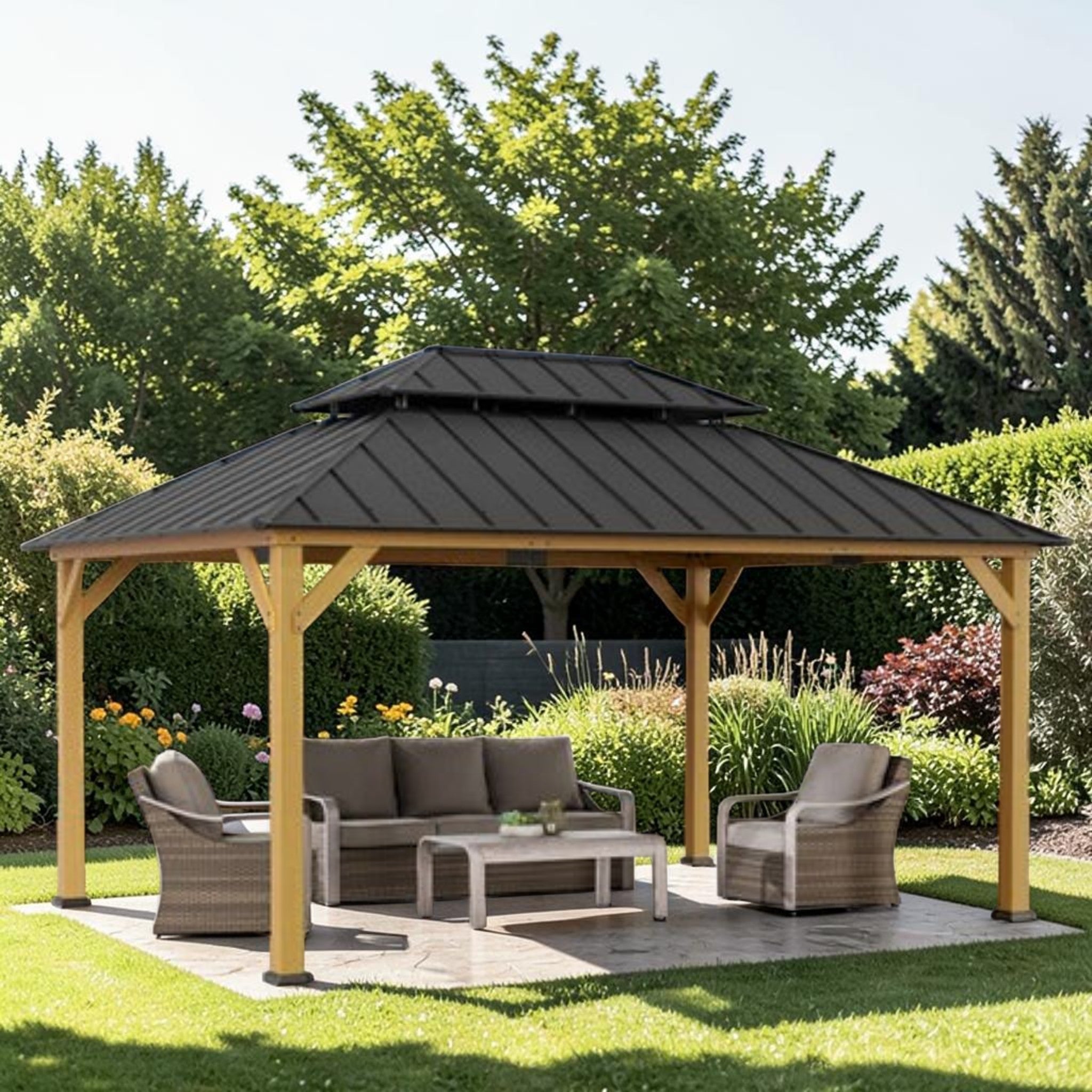 Outdoor Cedar Wood Gazebo with 2-Tier Metal Roof & Ceiling Hook, 12x16 ft Patio Pavilion