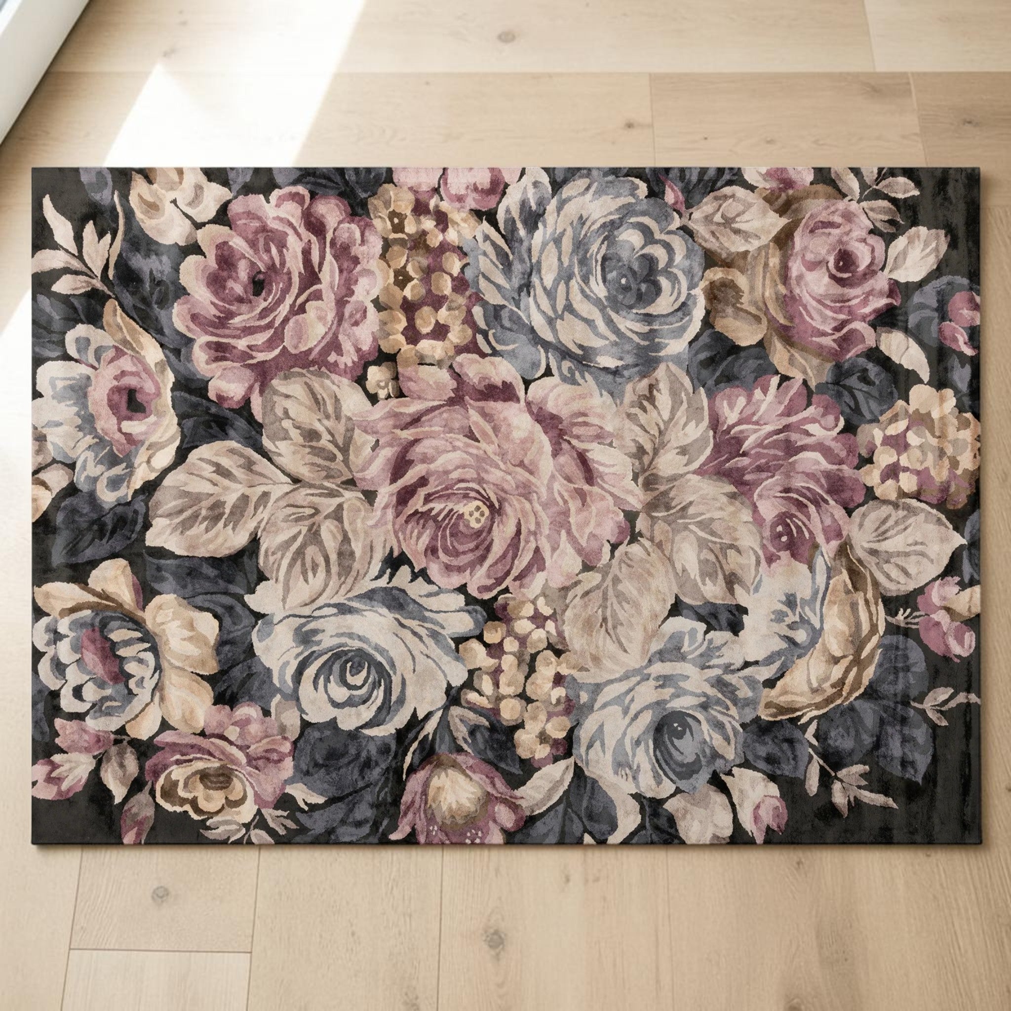 Elegant Black Floral, Living Room Carpet with Pink & Purple Accents, Hand-Tufted Viscose 8x11 Area Rug