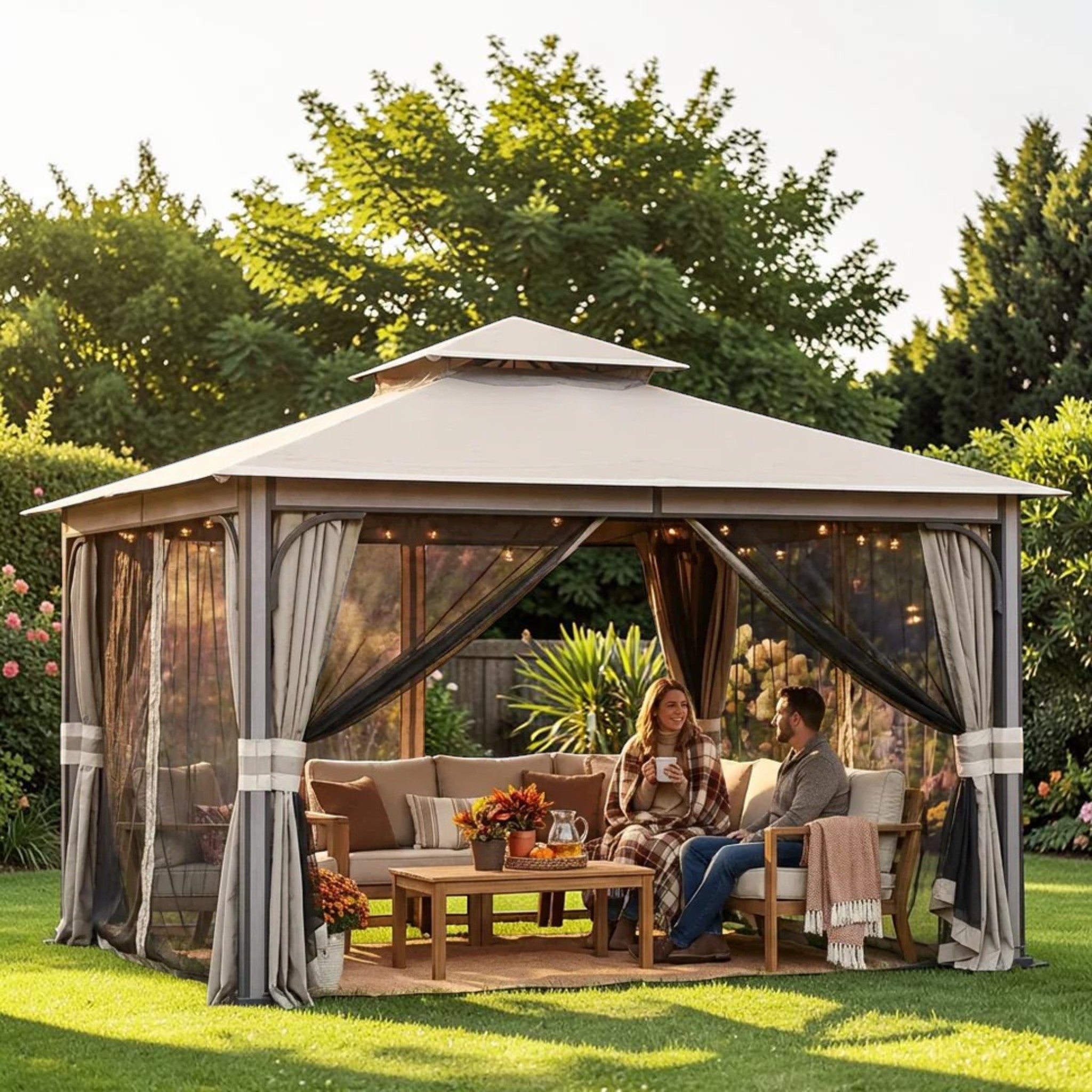 Outdoor Soft Top Gazebo with Curtains & Netting, 11x13 ft Light Gray, Patio Shelter