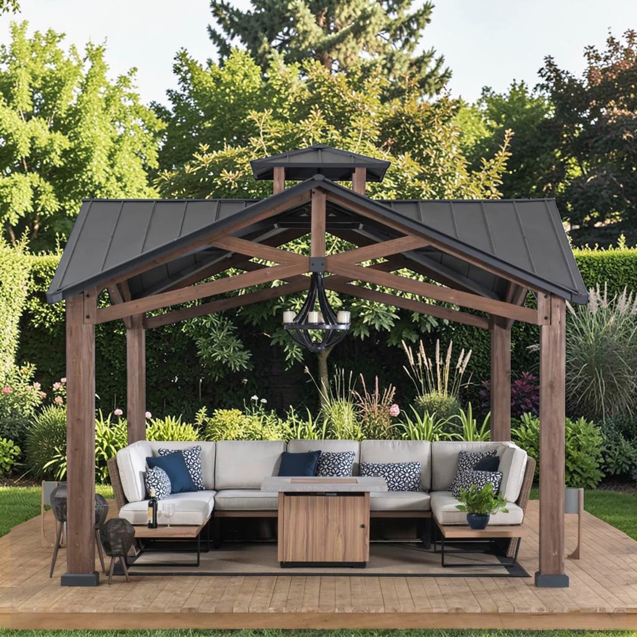 Outdoor Wooden Gazebo with Double-Tier Hardtop Roof, 12.5x12.5 ft Patio Pavilion