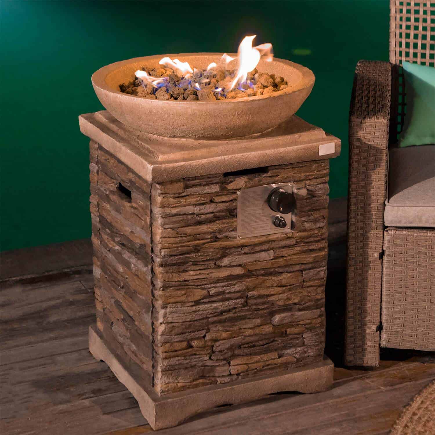 Rustic Tall Column Propane Fire Pit, Brown Stone Finish with Hidden Tank Storage & Lava Rocks, Outdoor Fire Pit
