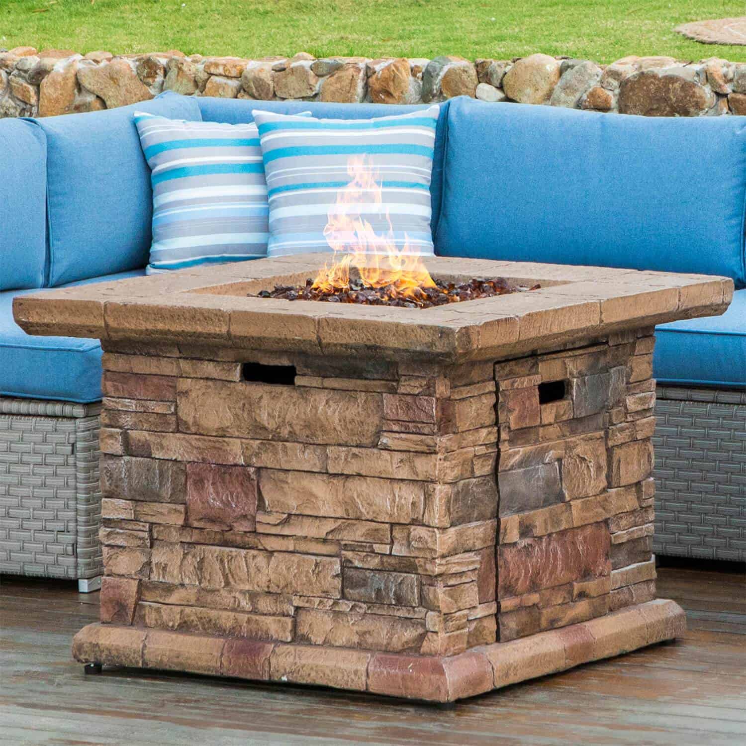 Rustic Square Propane Fire Pit Table, Faux Stone Brown Finish with Hidden Tank Storage, Outdoor Fire Pit