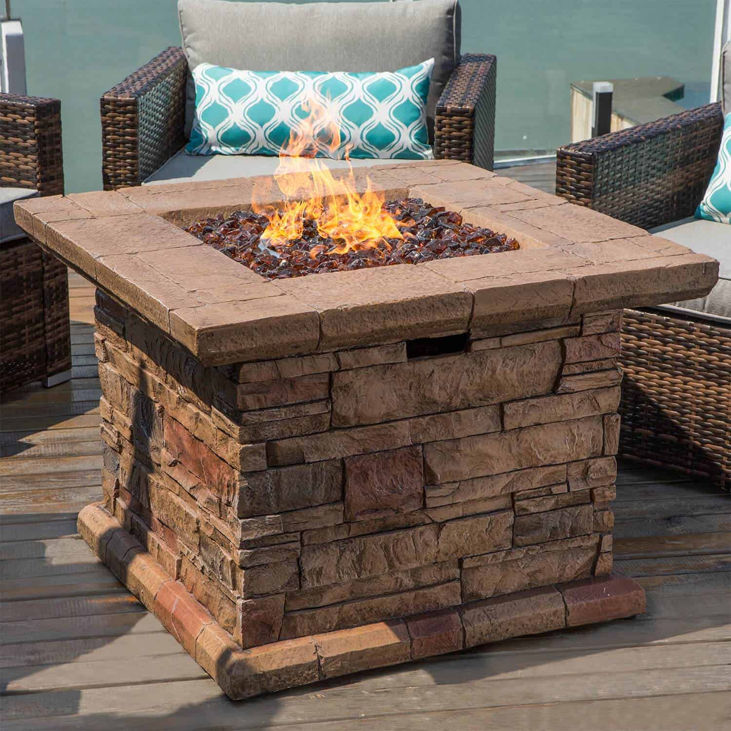 Rustic Square Propane Fire Pit Table, Faux Stone Brown Finish with Hidden Tank Storage, Outdoor Fire Pit