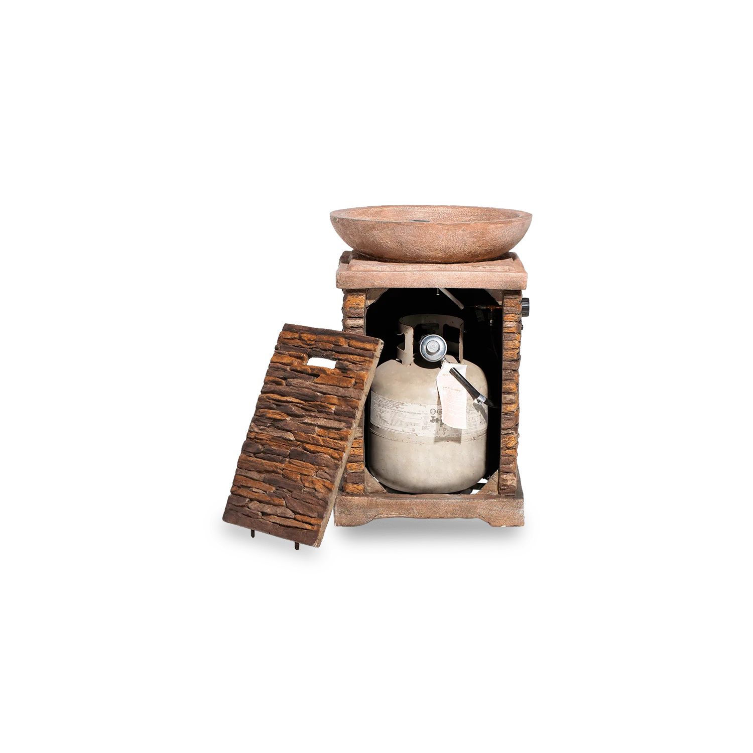 Rustic Tall Column Propane Fire Pit, Brown Stone Finish with Hidden Tank Storage & Lava Rocks, Outdoor Fire Pit