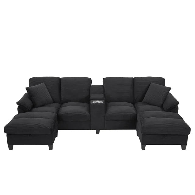 Modern U-Shaped Sectional Sofa Black Upholstered Couch with Storage Ottomans and USB Console