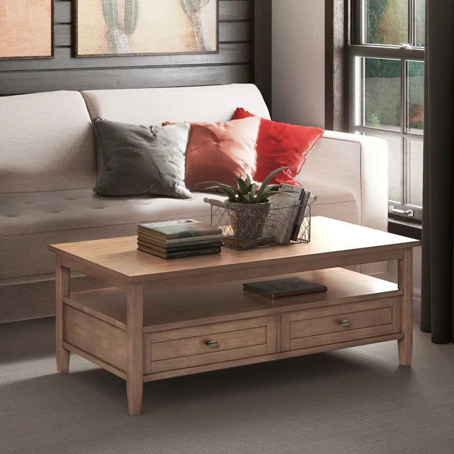 Rustic Shaker Center Table Solid Wood Natural Finish with Storage Drawers, Coffee Table