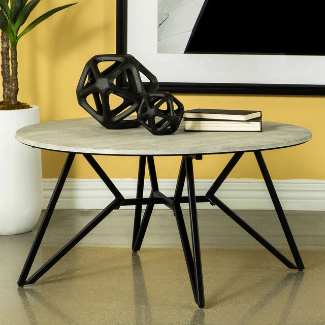 Round Center Table Gray Cement Finish with Metal Geometric Base, Coffee Table