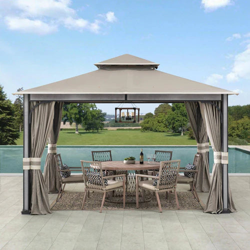 Outdoor Soft Top Gazebo with Curtains & Netting, 11x13 ft Light Gray, Patio Shelter