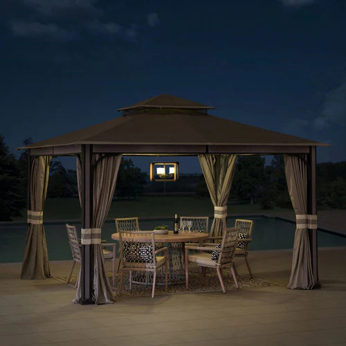 Outdoor Soft Top Gazebo with Curtains & Netting, 11x13 ft Light Gray, Patio Shelter