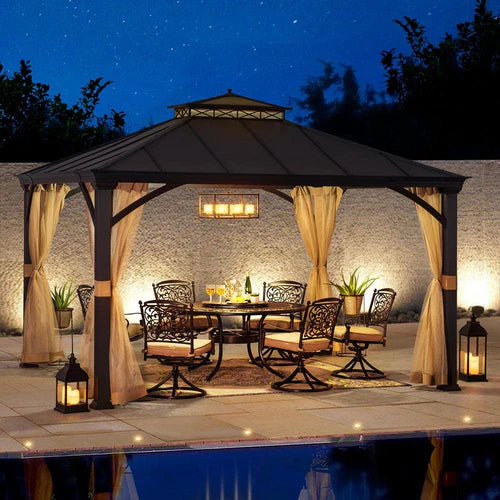 Outdoor Metal Gazebo with Hardtop Roof & Privacy Curtains 11x13 ft, Patio Shelter