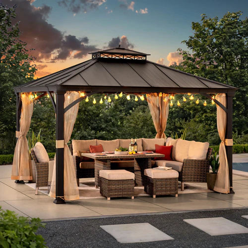 Outdoor Metal Gazebo with Hardtop Roof & Privacy Curtains 11x13 ft, Patio Shelter