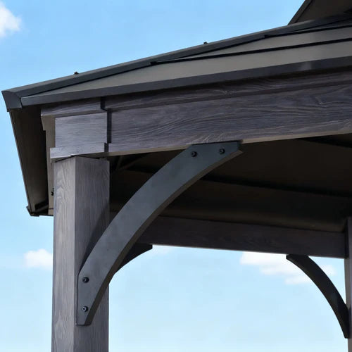 Hexagonal Hardtop Gazebo, Aluminum & Steel Frame Wood Look Finish with Ventilated Roof, Outdoor Gazebo
