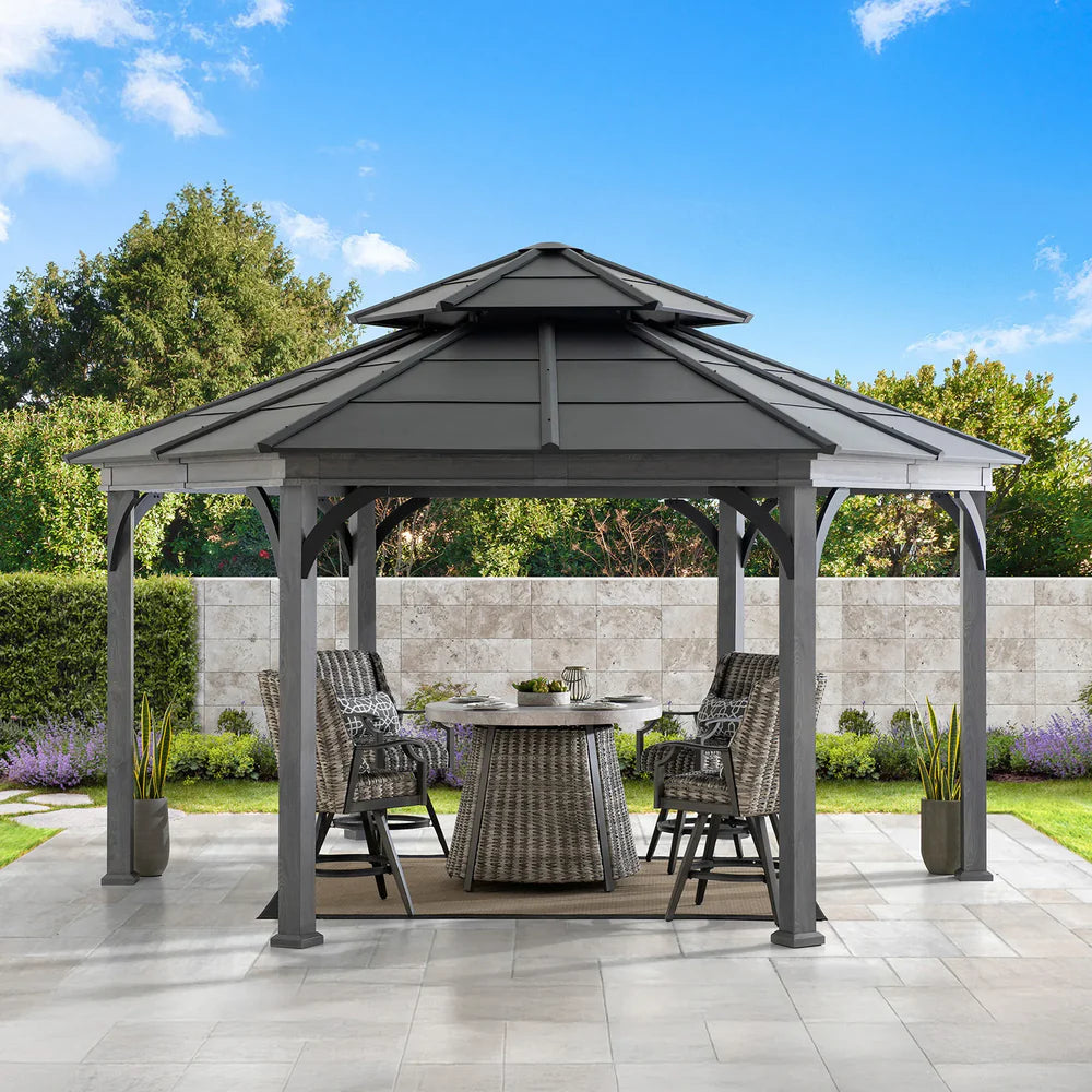 Hexagonal Hardtop Gazebo, Aluminum & Steel Frame Wood Look Finish with Ventilated Roof, Outdoor Gazebo