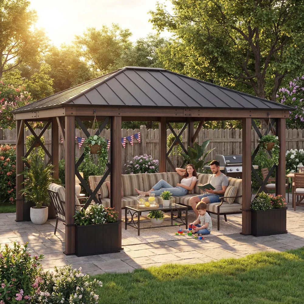 Outdoor Hardtop Gazebo with Wood Look Aluminum Frame & Built In Planters, 13x15 ft Patio Pavilion
