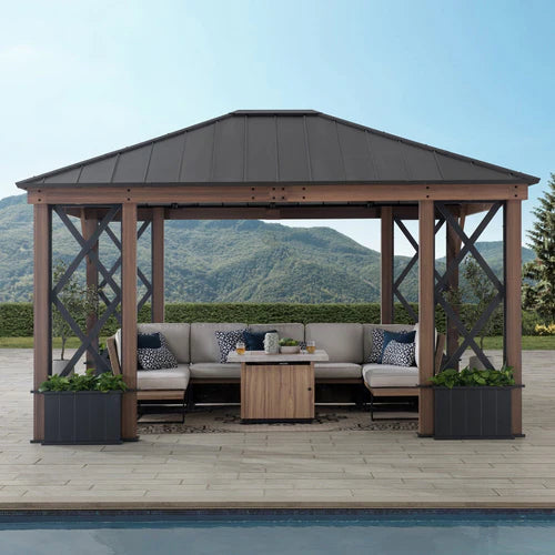 Outdoor Hardtop Gazebo with Wood Look Aluminum Frame & Built In Planters, 13x15 ft Patio Pavilion