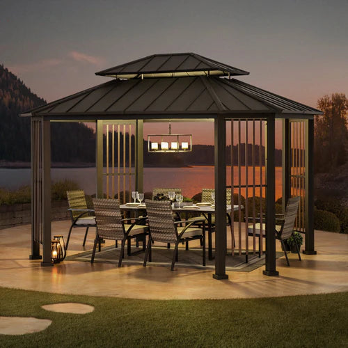 Outdoor Octagonal Steel Gazebo with 2-Tier Hardtop Roof, 11x13 ft Patio Pavilion