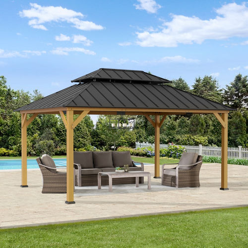 Outdoor Cedar Wood Gazebo with 2-Tier Metal Roof & Ceiling Hook, 12x16 ft Patio Pavilion